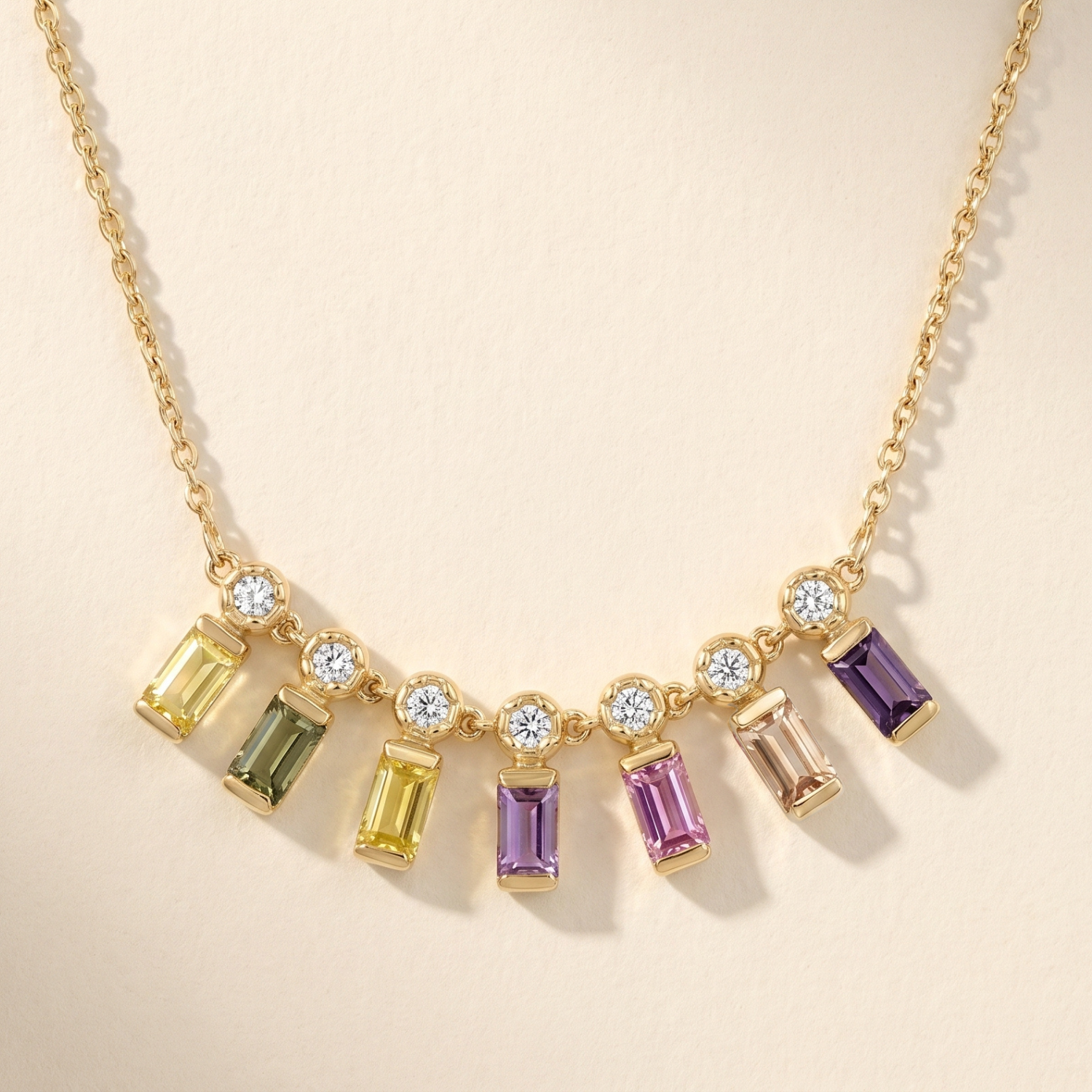 IGI Certified 0.65 Ct Baguette Multi Color Unheated Sapphire Diamond 14K Gold Rainbow Dangler Bar Necklace