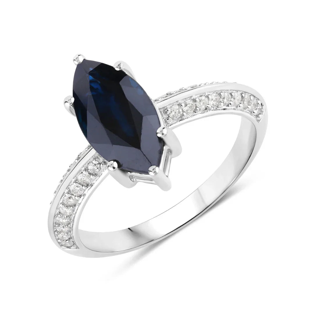 Genuine 10K Blue Sapphire and Diamond Marquise Ring