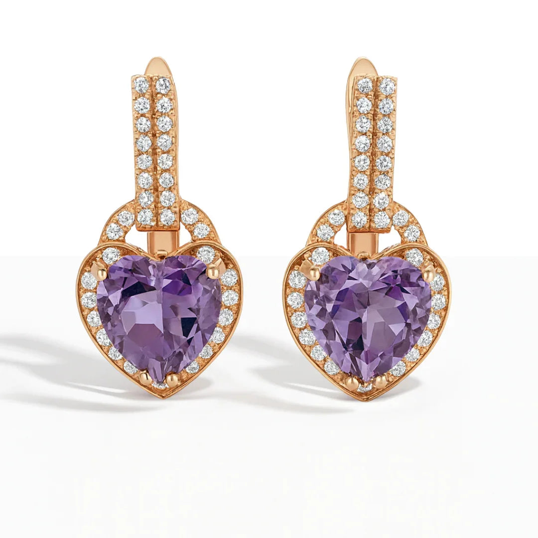 Natural Amethyst Heart Leverback Silver Drop Earrings