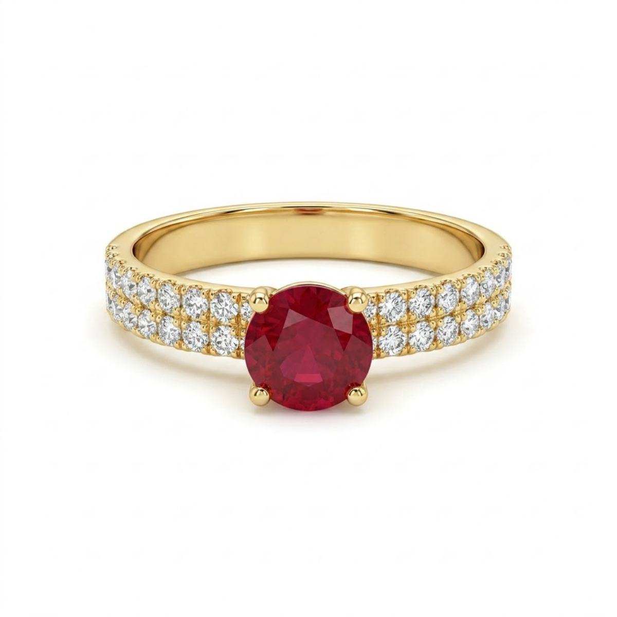 1.30 CTTW Round Gemstone Pav Diamond Double Row Band 14k Yellow Gold Engagement Ring