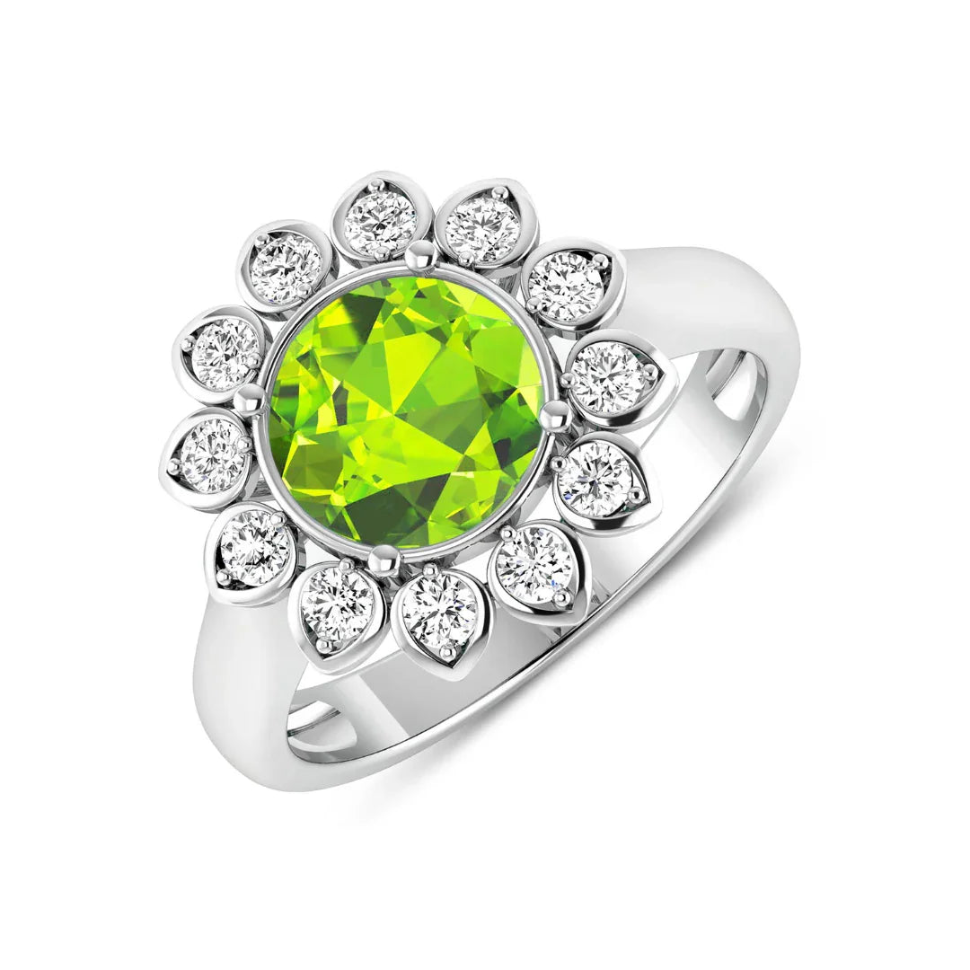Genuine Peridot and White Diamond Halo Ring
