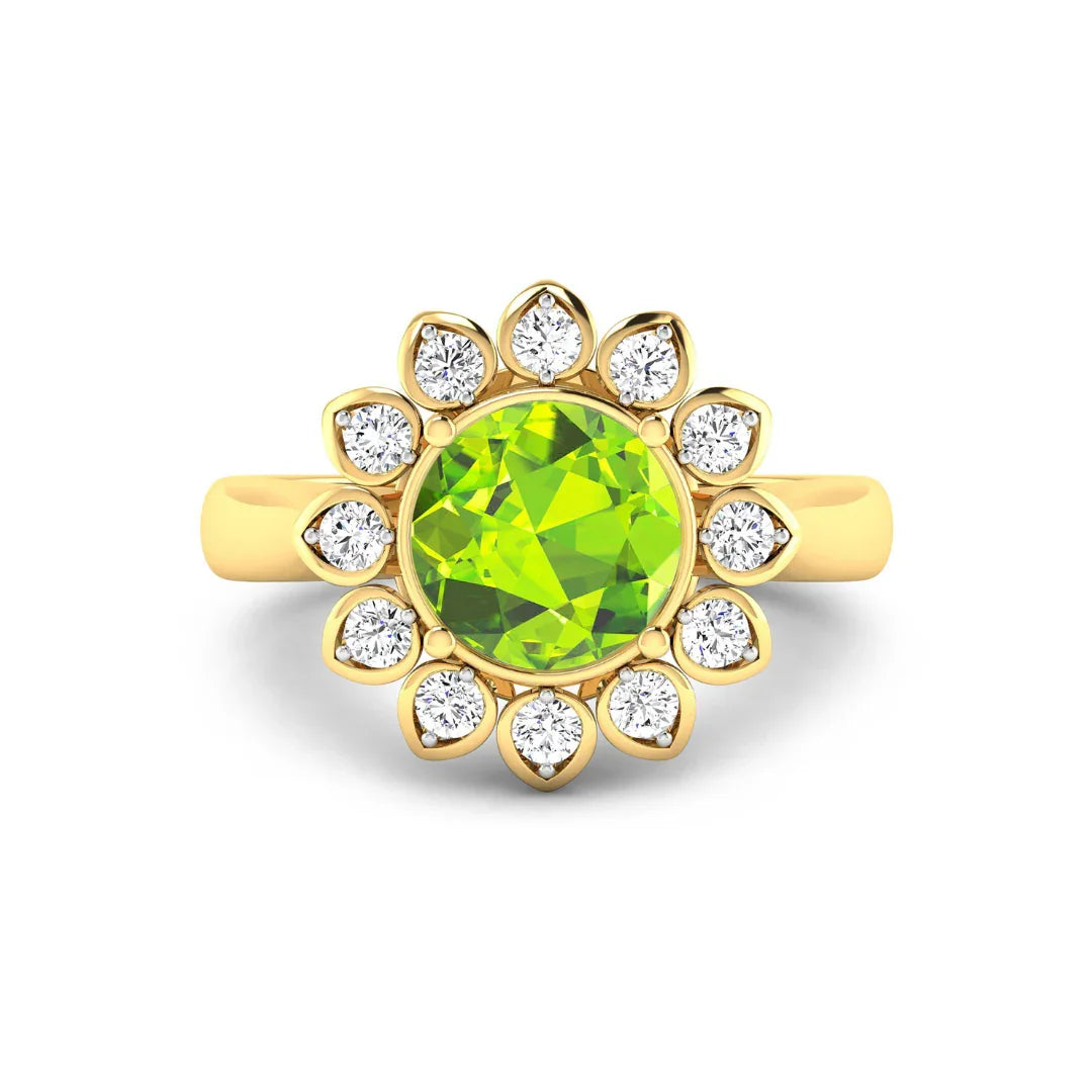 Genuine Peridot and White Diamond Halo Ring