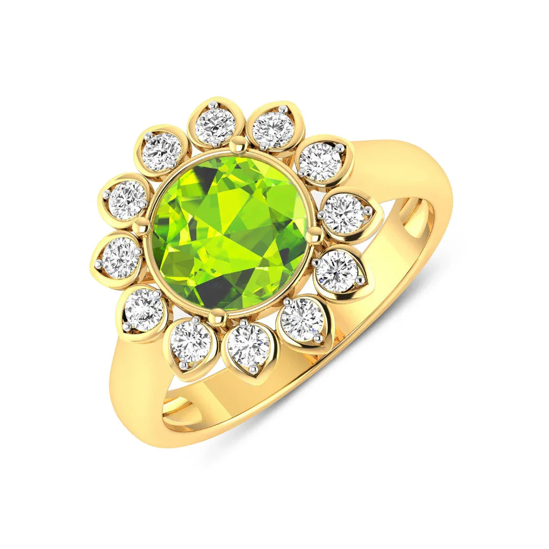 Genuine Peridot and White Diamond Halo Ring