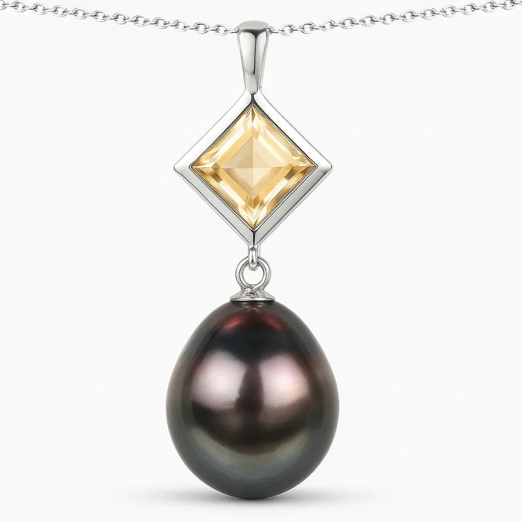 Citrine Tahitian Pearl Teardrop Pendant Necklace