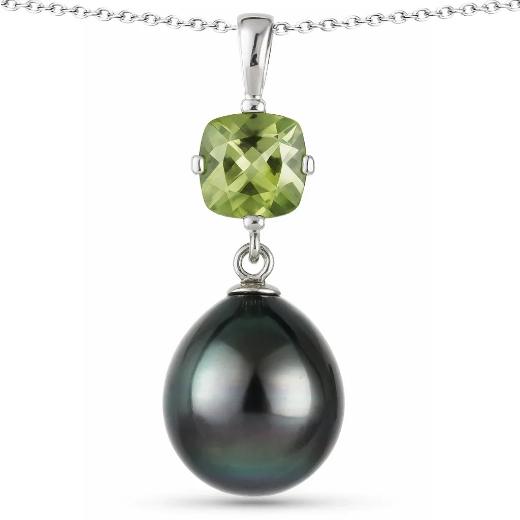Peridot Tahitian Pearl Silver Pendant Necklace