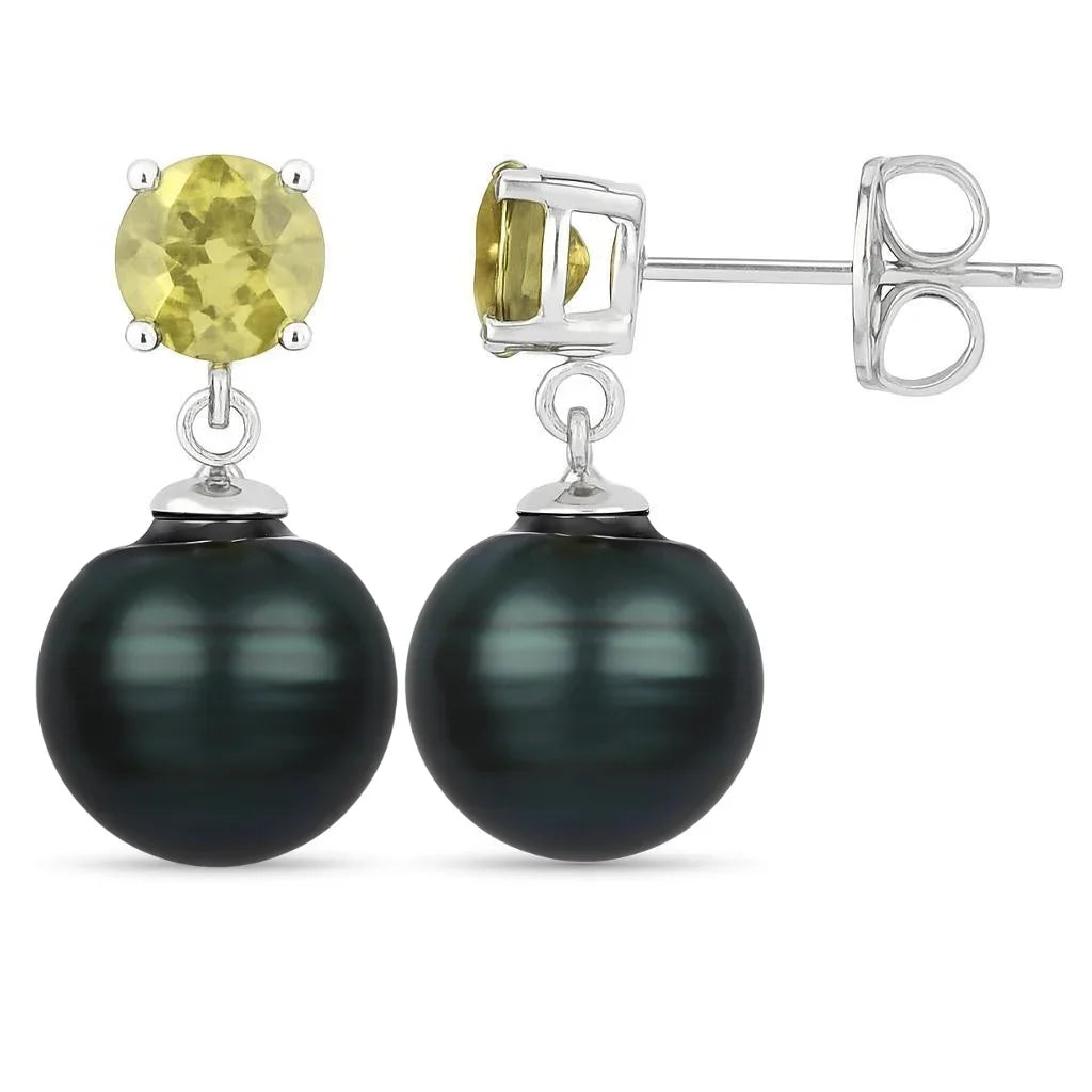 Peridot and Black Tahitian Pearl Dangle Earrings