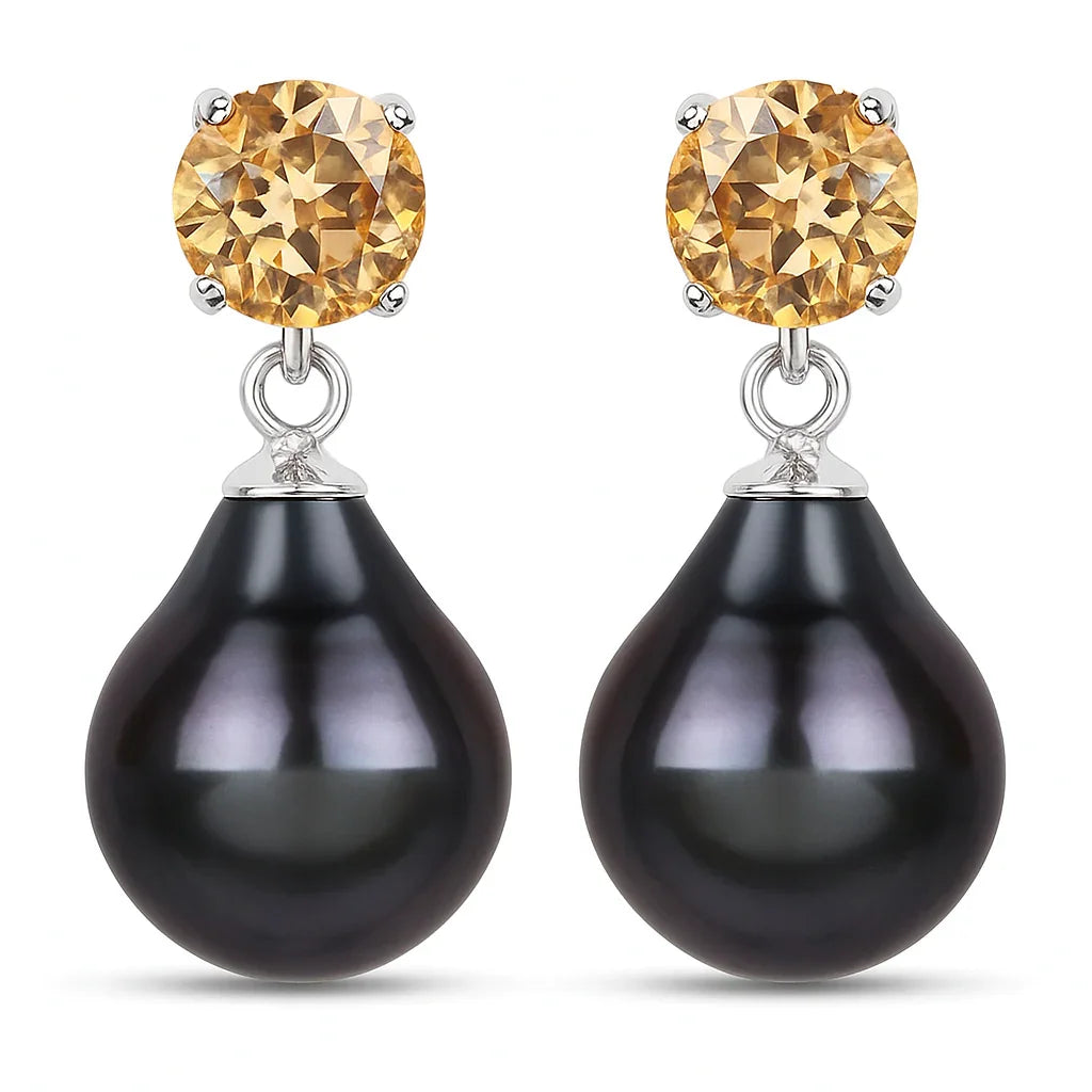 Citrine Tahitian Black Pearl Earrings