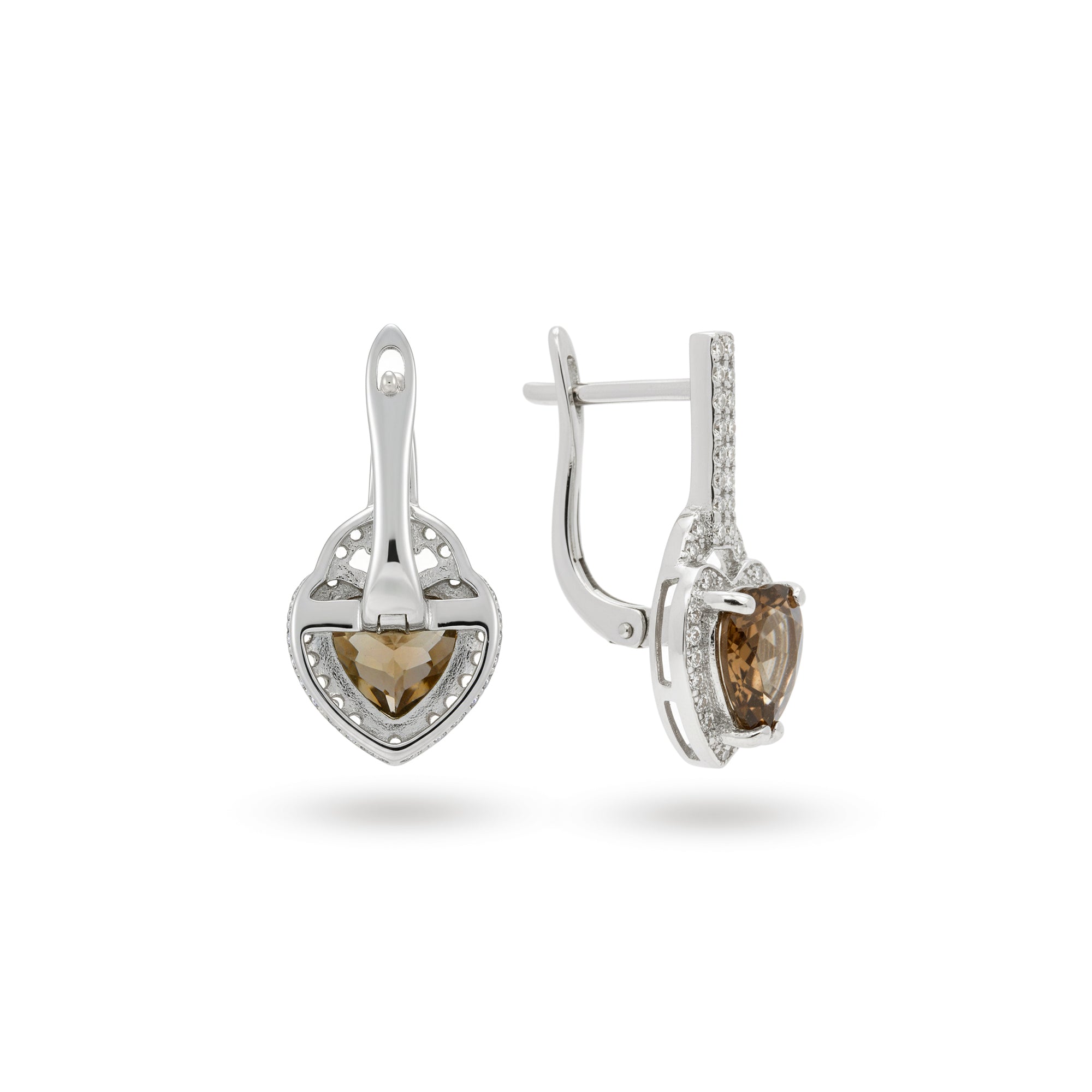 Natural Brown Quartz Heart Sterling Silver Earrings