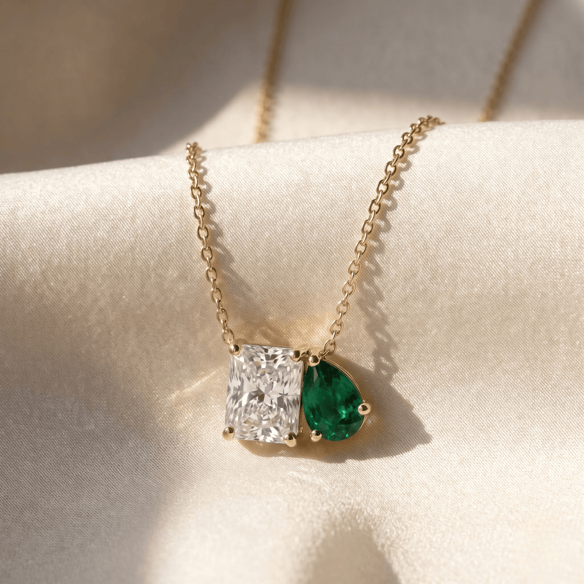 2.50 Cttw Pear Emerald, Ruby, Sapphire and Lab Diamond 14K Yellow Gold Toi et Moi Pendant Necklace