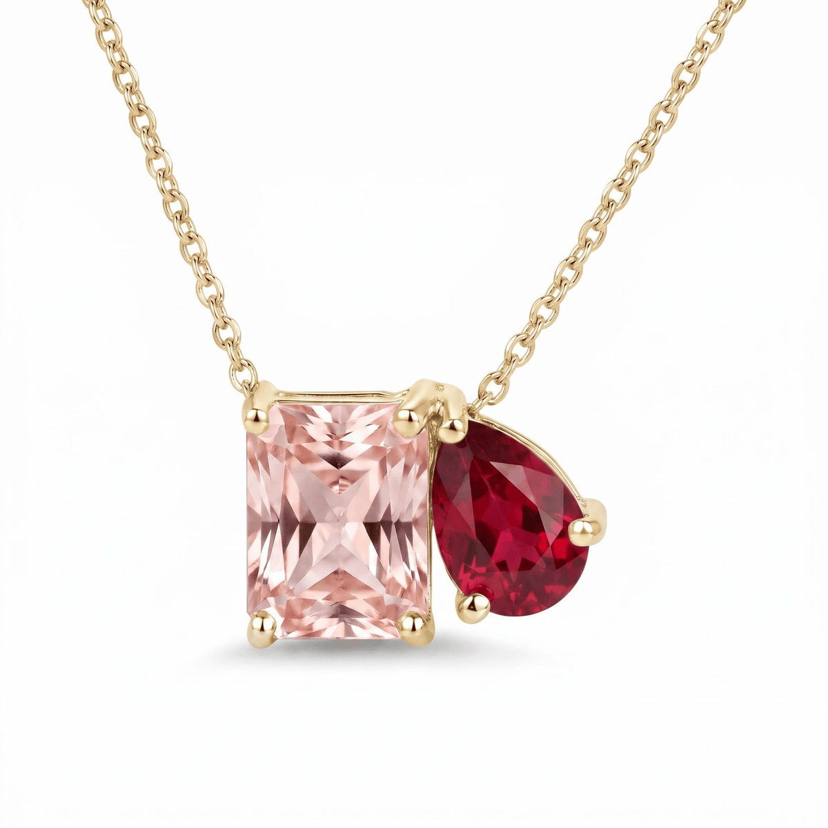 2.50 Cttw Pear Red Ruby and Morganite 14k Yellow Gold Toi et Moi Pendant Necklace