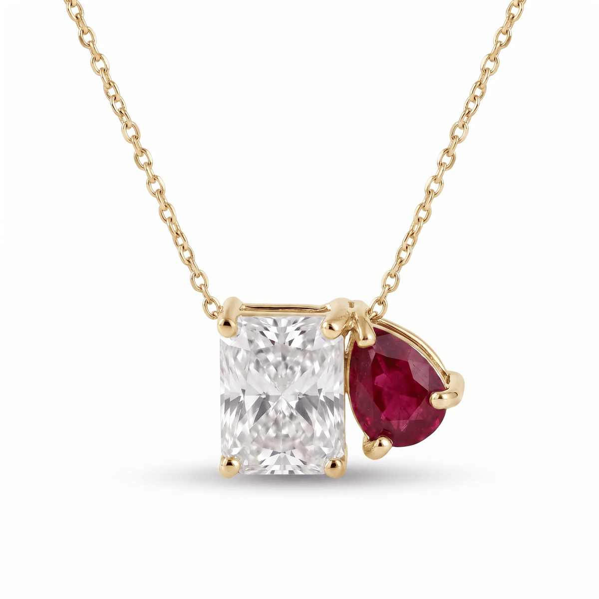 2.50 Cttw Pear Emerald, Ruby, Sapphire and Lab Diamond 14K Yellow Gold Toi et Moi Pendant Necklace