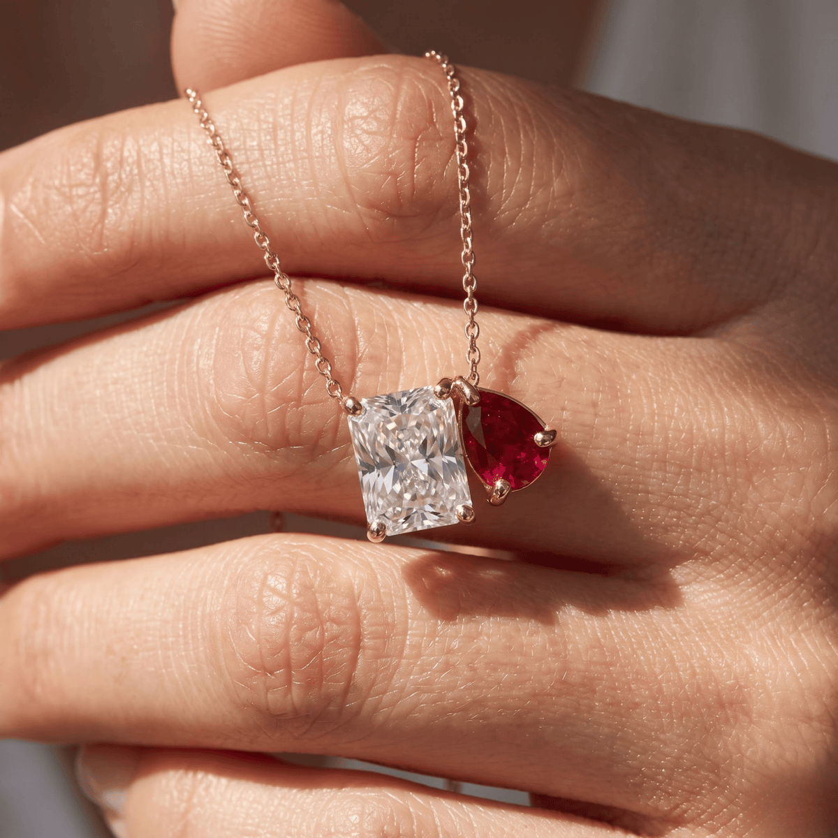 2.50 Cttw Pear Emerald, Ruby, Sapphire and Lab Diamond 14K Yellow Gold Toi et Moi Pendant Necklace