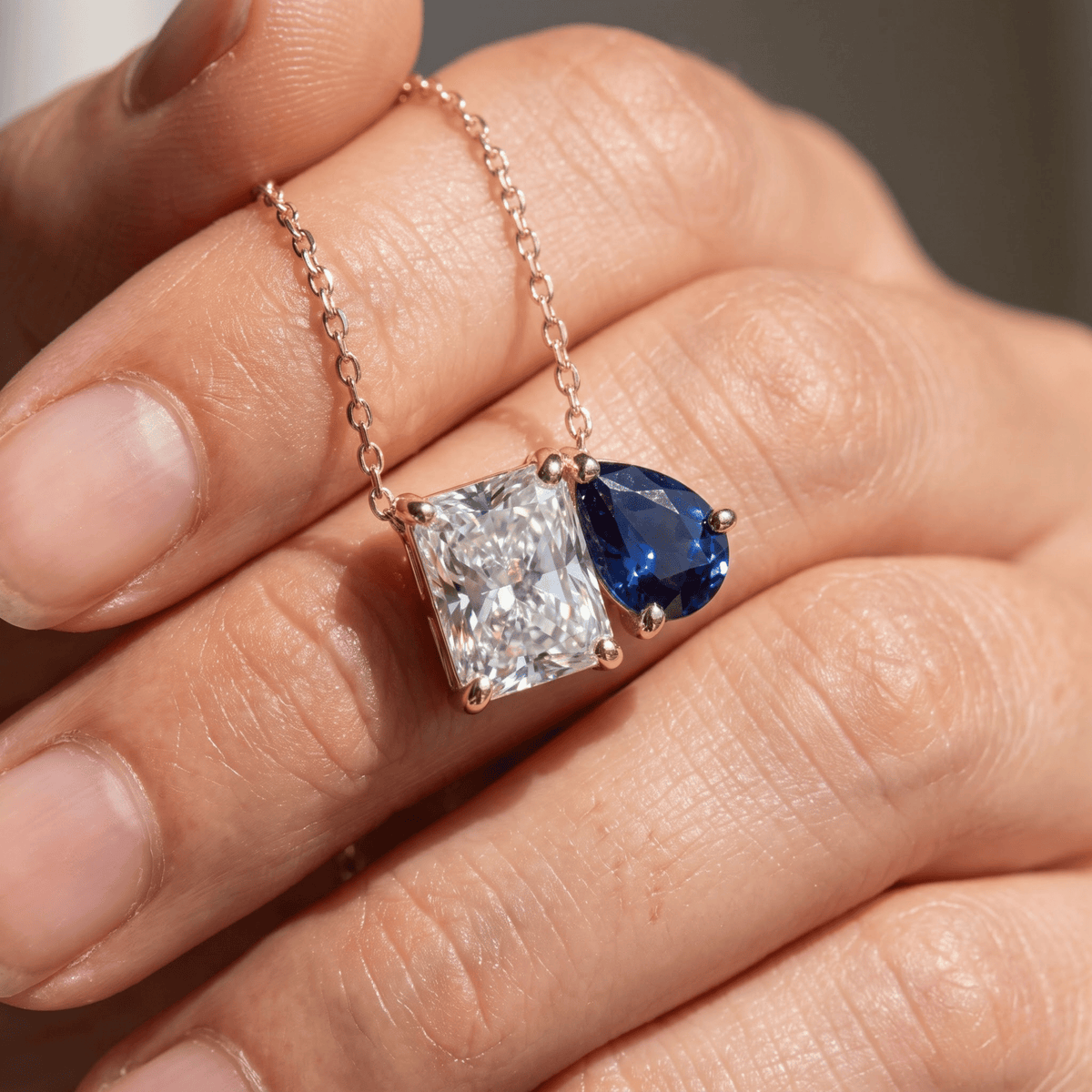 2.50 Cttw Pear Emerald, Ruby, Sapphire and Lab Diamond 14K Yellow Gold Toi et Moi Pendant Necklace