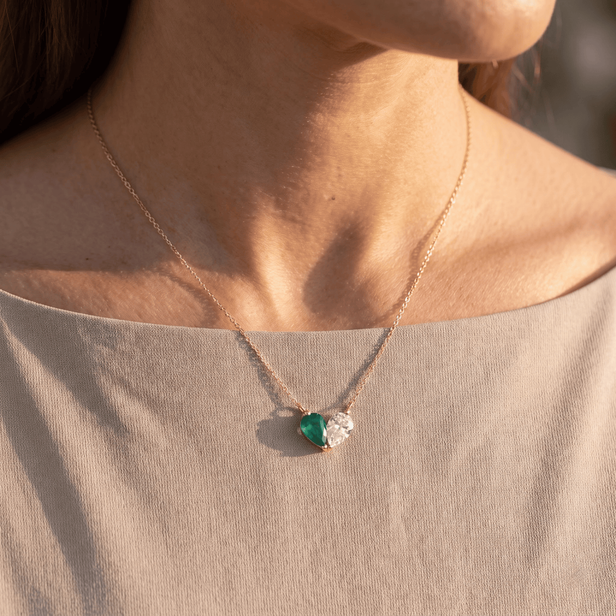 4.44 Cttw Pear Emerald, Ruby, Sapphire and Lab Diamond 14K Yellow Gold Toi et Moi Heart Pendant Necklace