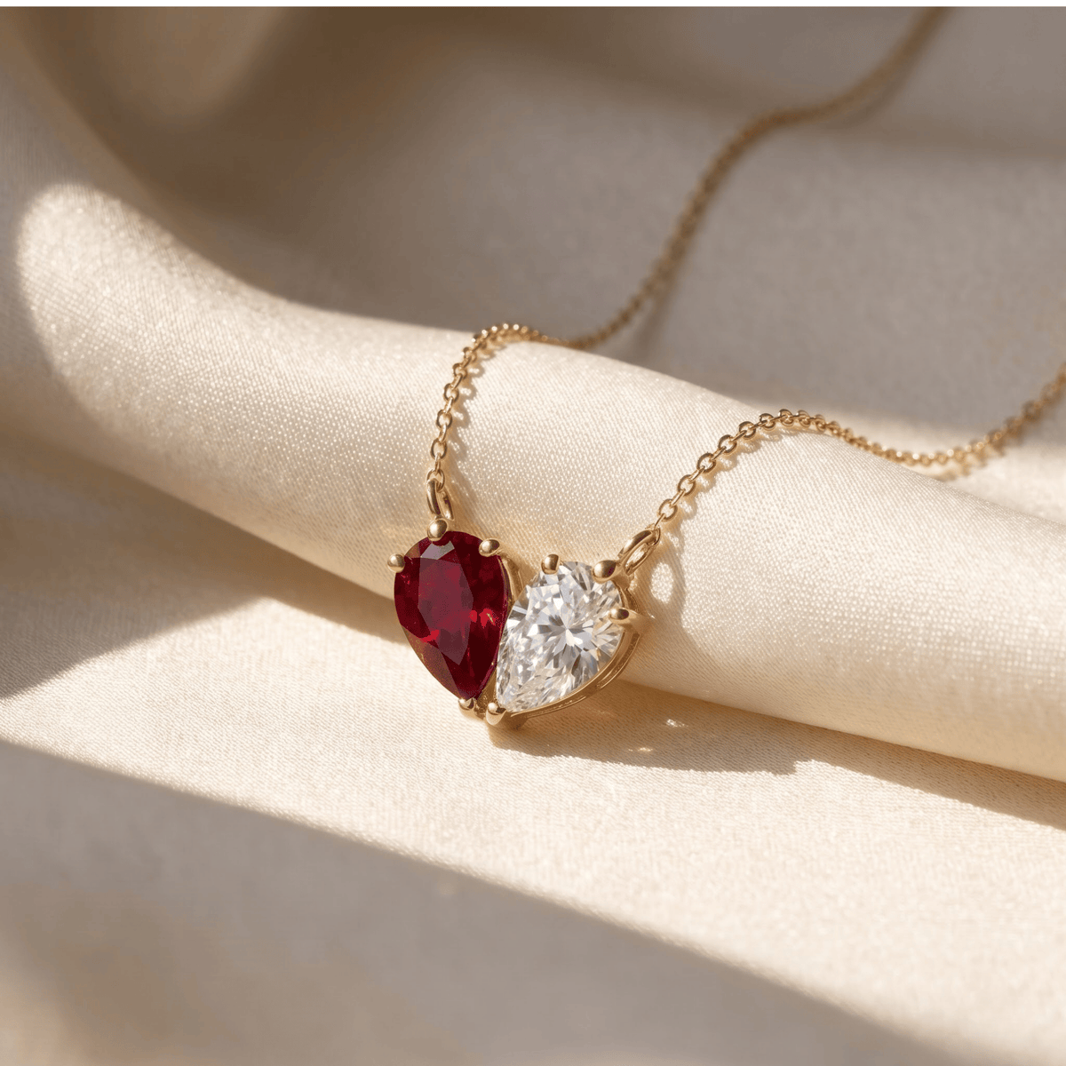 4.44 Cttw Pear Emerald, Ruby, Sapphire and Lab Diamond 14K Yellow Gold Toi et Moi Heart Pendant Necklace