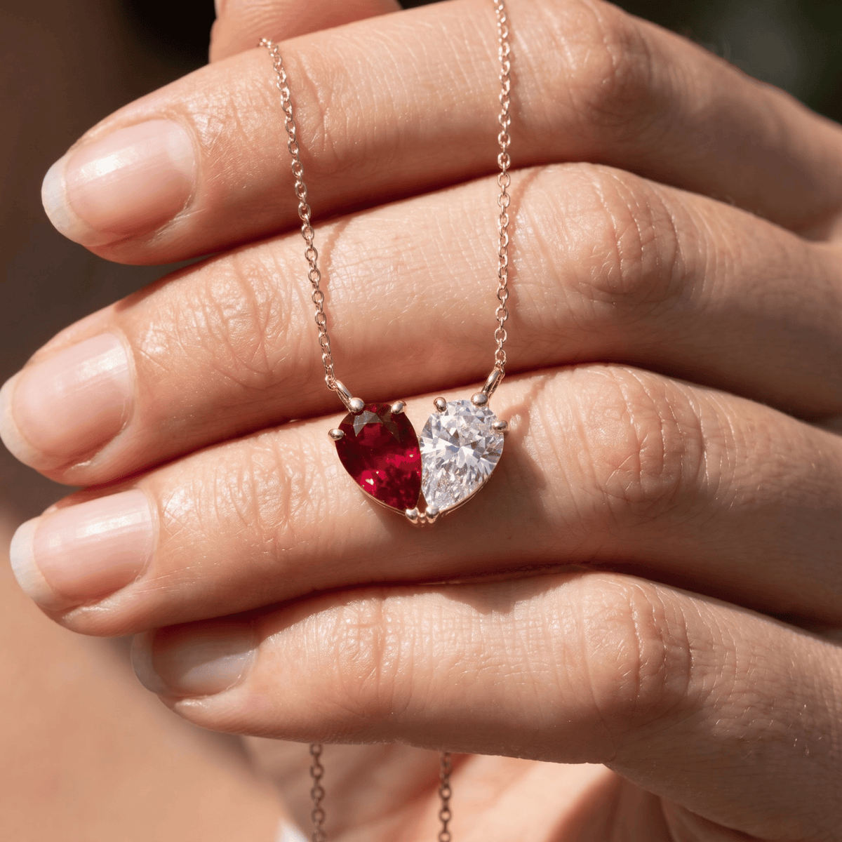 4.44 Cttw Pear Emerald, Ruby, Sapphire and Lab Diamond 14K Yellow Gold Toi et Moi Heart Pendant Necklace