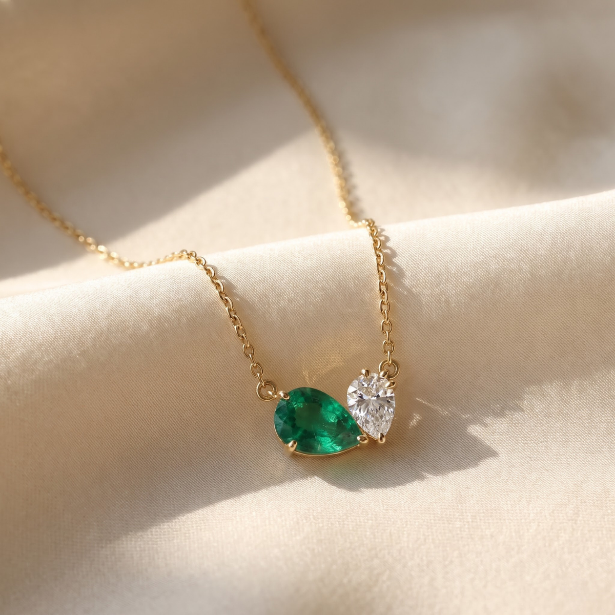 4.33 Cttw Pear Emerald, Ruby, Sapphire and Lab Diamond 14K Yellow Gold Toi et Moi Pendant Necklace