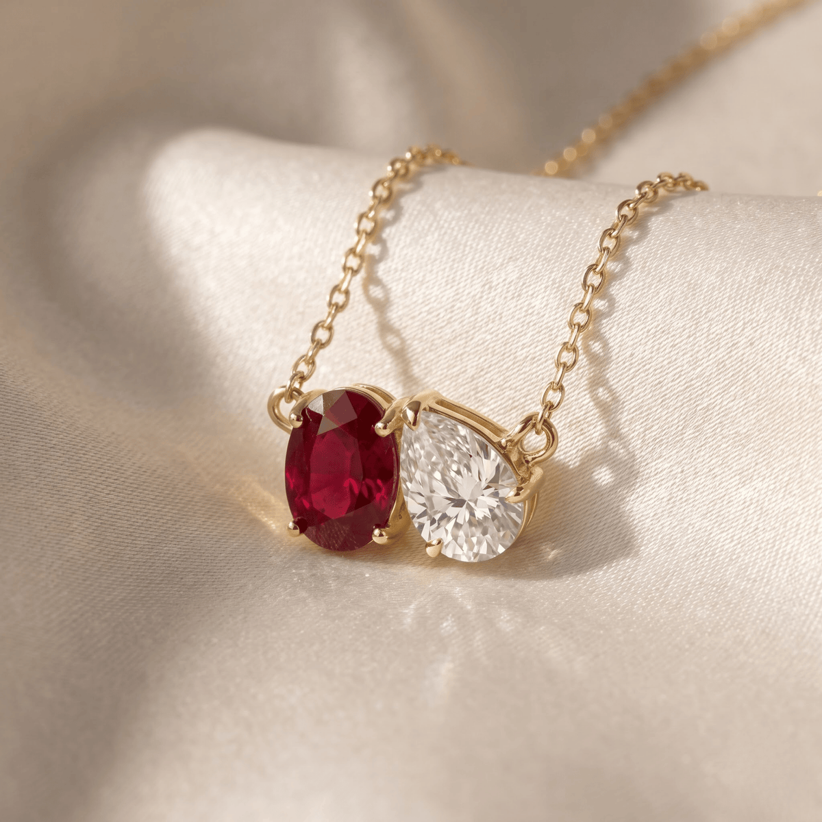 2.95 Cttw Oval Emerald, Ruby, Sapphire and Lab Diamond 14K Yellow Gold Toi et Moi Pendant Necklace