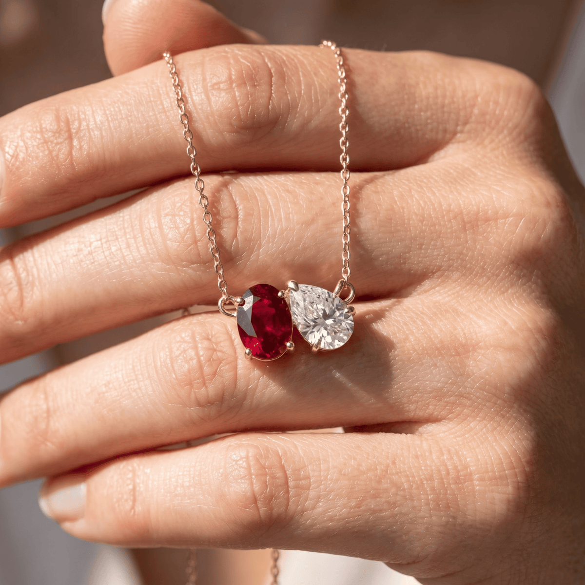2.95 Cttw Oval Emerald, Ruby, Sapphire and Lab Diamond 14K Yellow Gold Toi et Moi Pendant Necklace