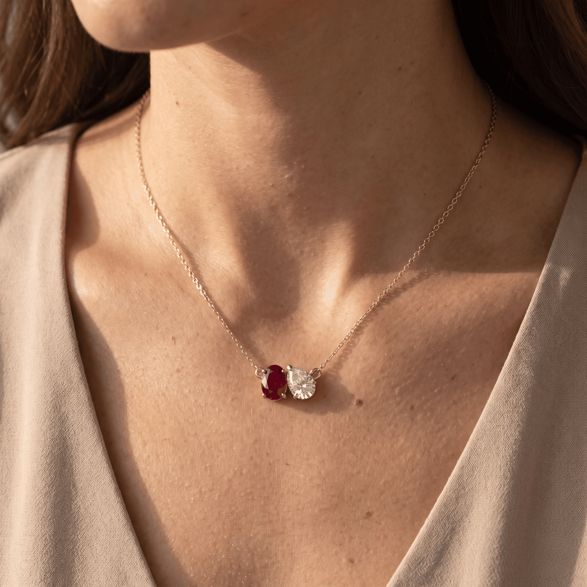 2.95 Cttw Oval Emerald, Ruby, Sapphire and Lab Diamond 14K Yellow Gold Toi et Moi Pendant Necklace