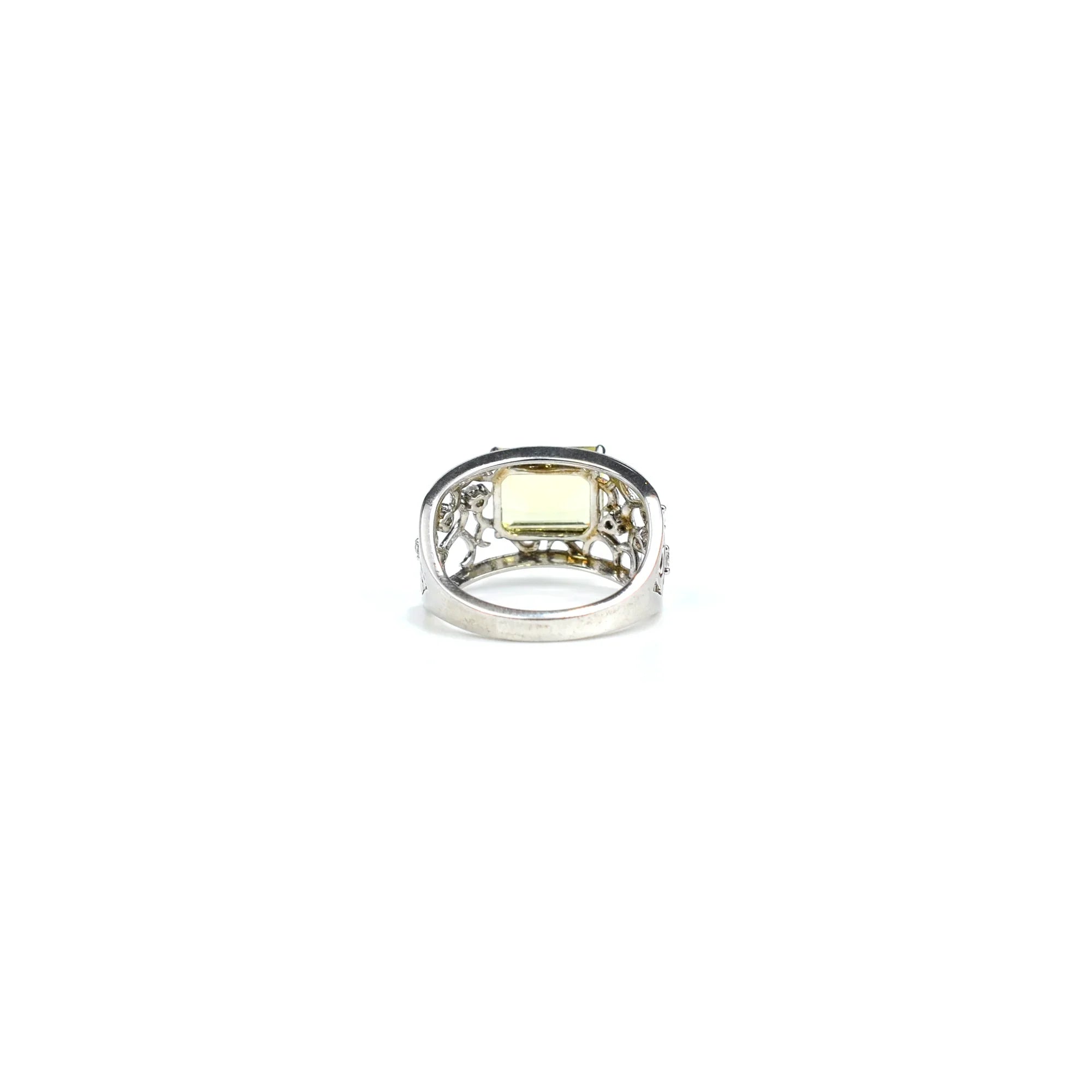 Emerald Cut Lemon Quartz Silver Filigree Ring