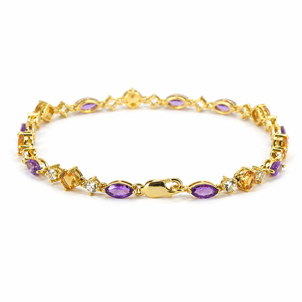 Natural Multi Gemstone Yellow Gold Over Silver Link Bracelet 8inches
