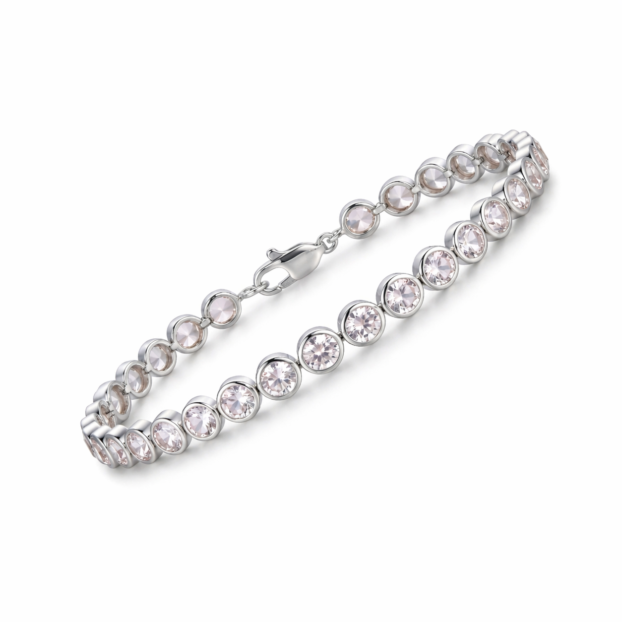 Natural Round Rose Quarts Bezel Tennis Silver Bracelet 7.5 inches