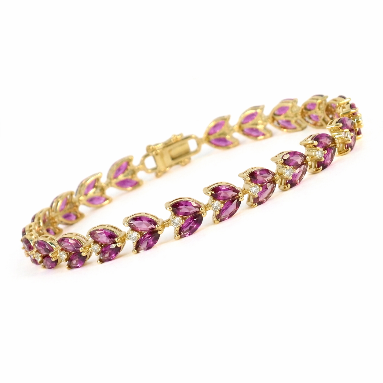 Natural Rhodolite Garnet Yellow Gold Over Silver Leaf Bracelet 7 inches