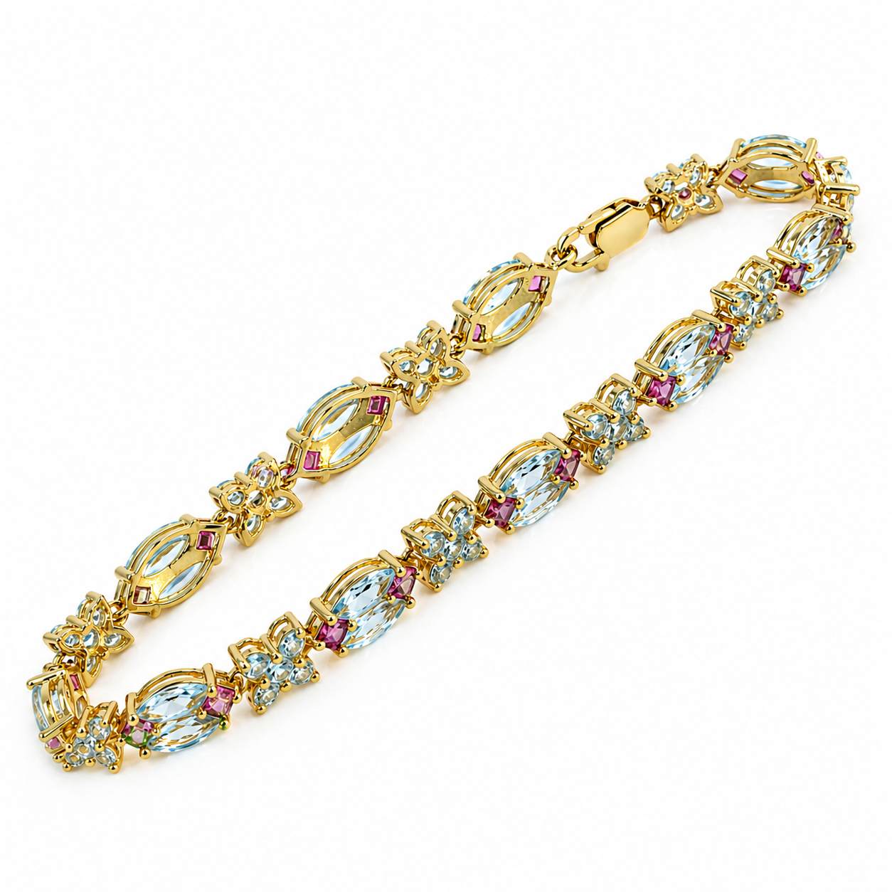 Natural Marquise Cut Blue Topaz Cluster Silver Link Bracelet 7 inches