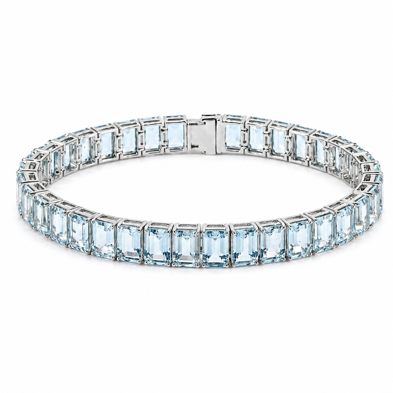 8 inch Natural Emerald Cut Blue Aquamarine Tennis Bracelet Silver
