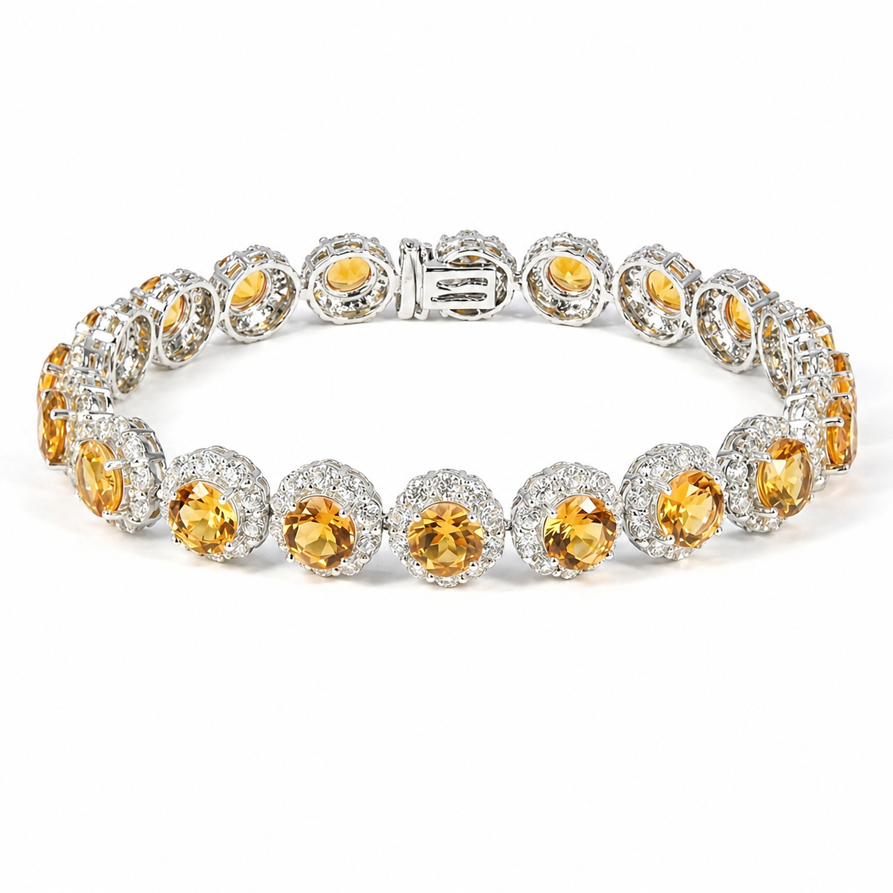 Natural Round Yellow Citrine Silver 8-inch Halo Bracelet