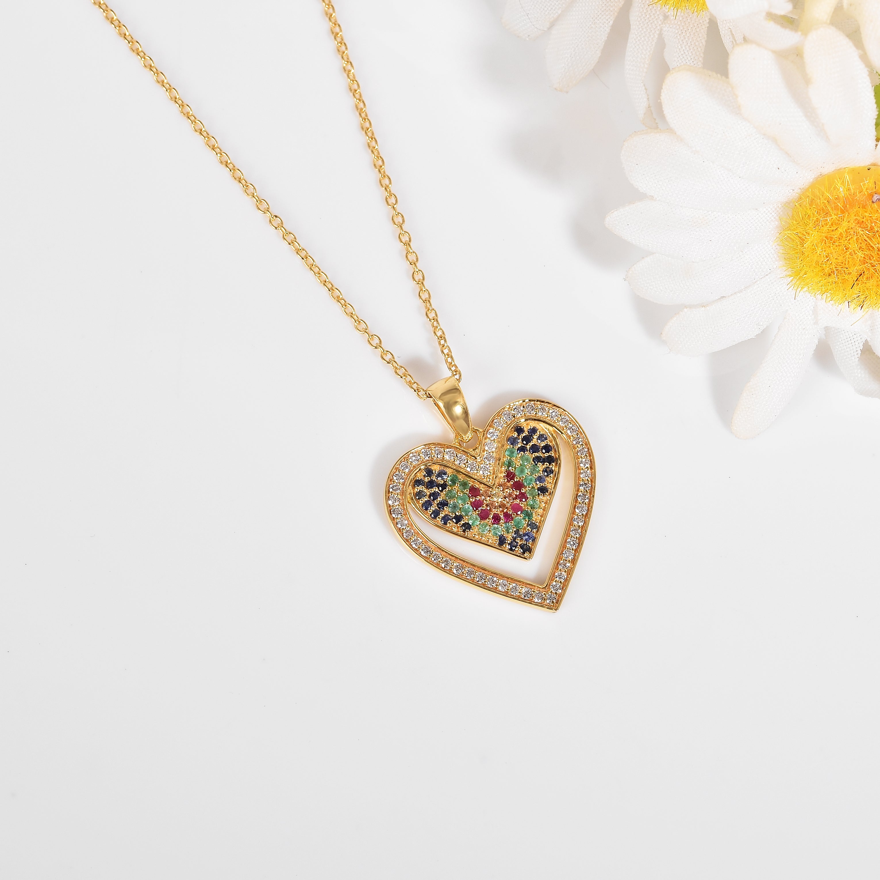 22k Gold Vermeil Diamond and Multi-Gemstone Heart Necklace