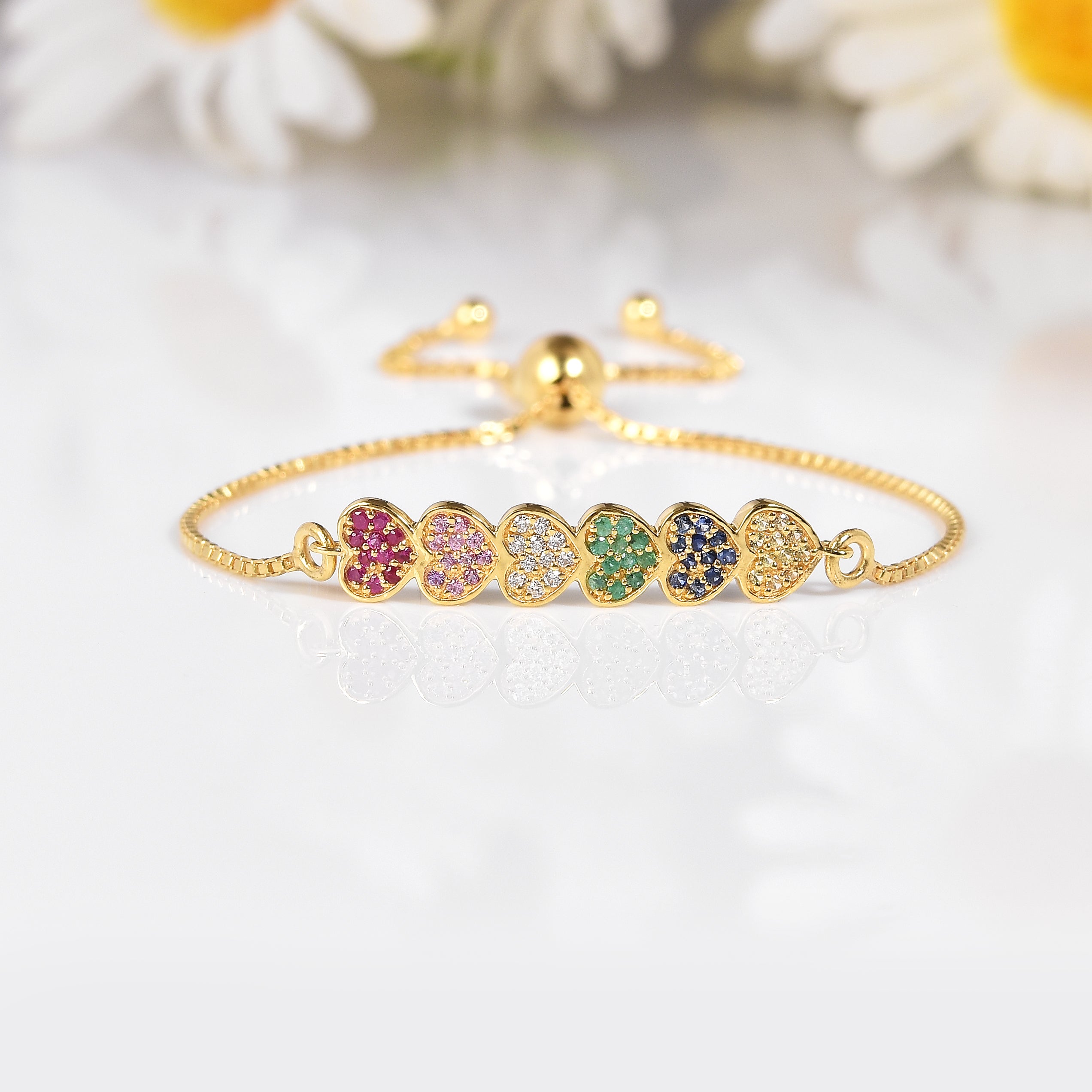 22k Gold Vermeil Diamond and Multi-Gemstone Heart Bolo Bracelet