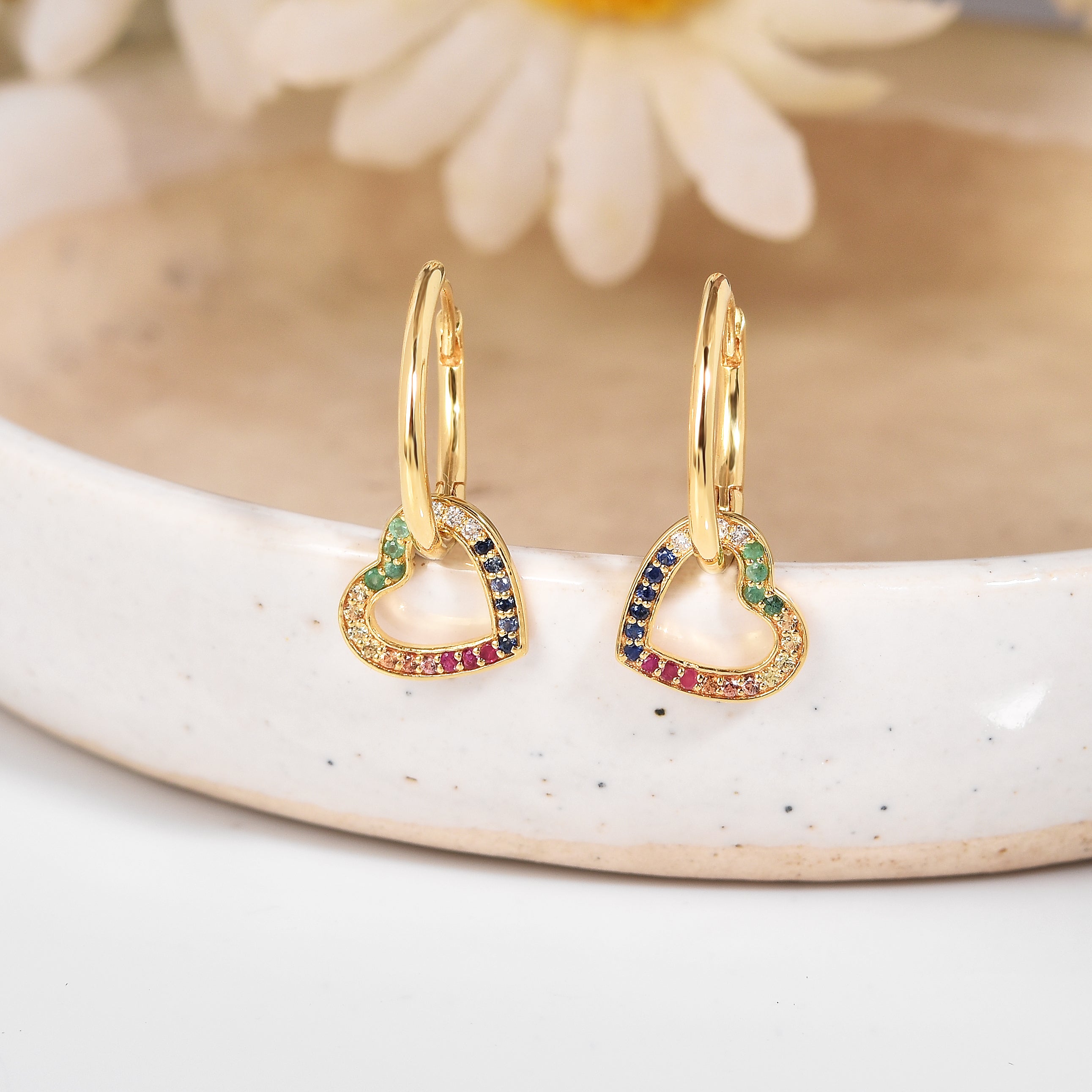 22k Gold Vermeil Diamond and Multi-Gemstone Heart Hoop Earrings