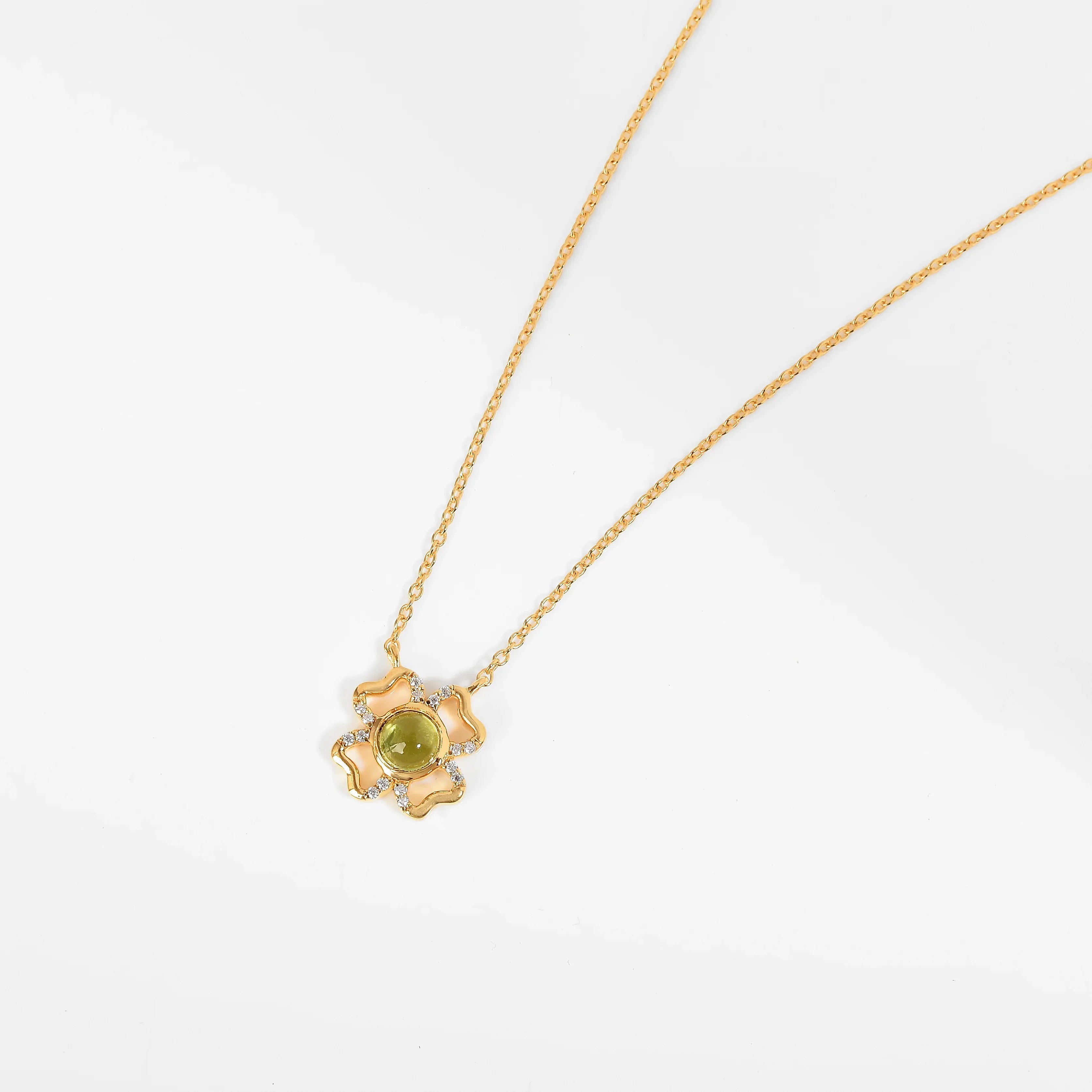 Floral Green Peridot Four Leaf Clover Necklace