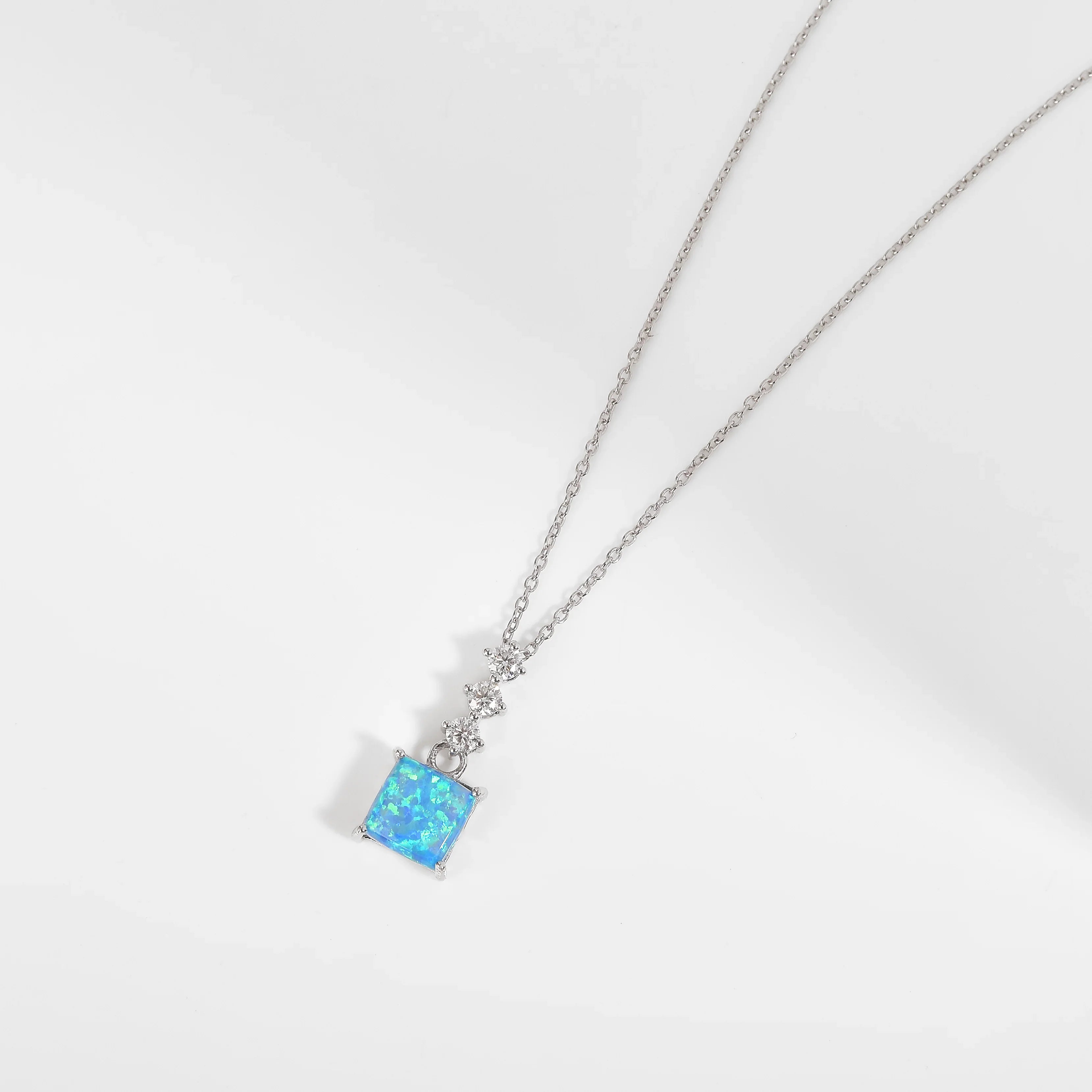 Lab Grown Princess Cut Blue Opal Pendant Necklace