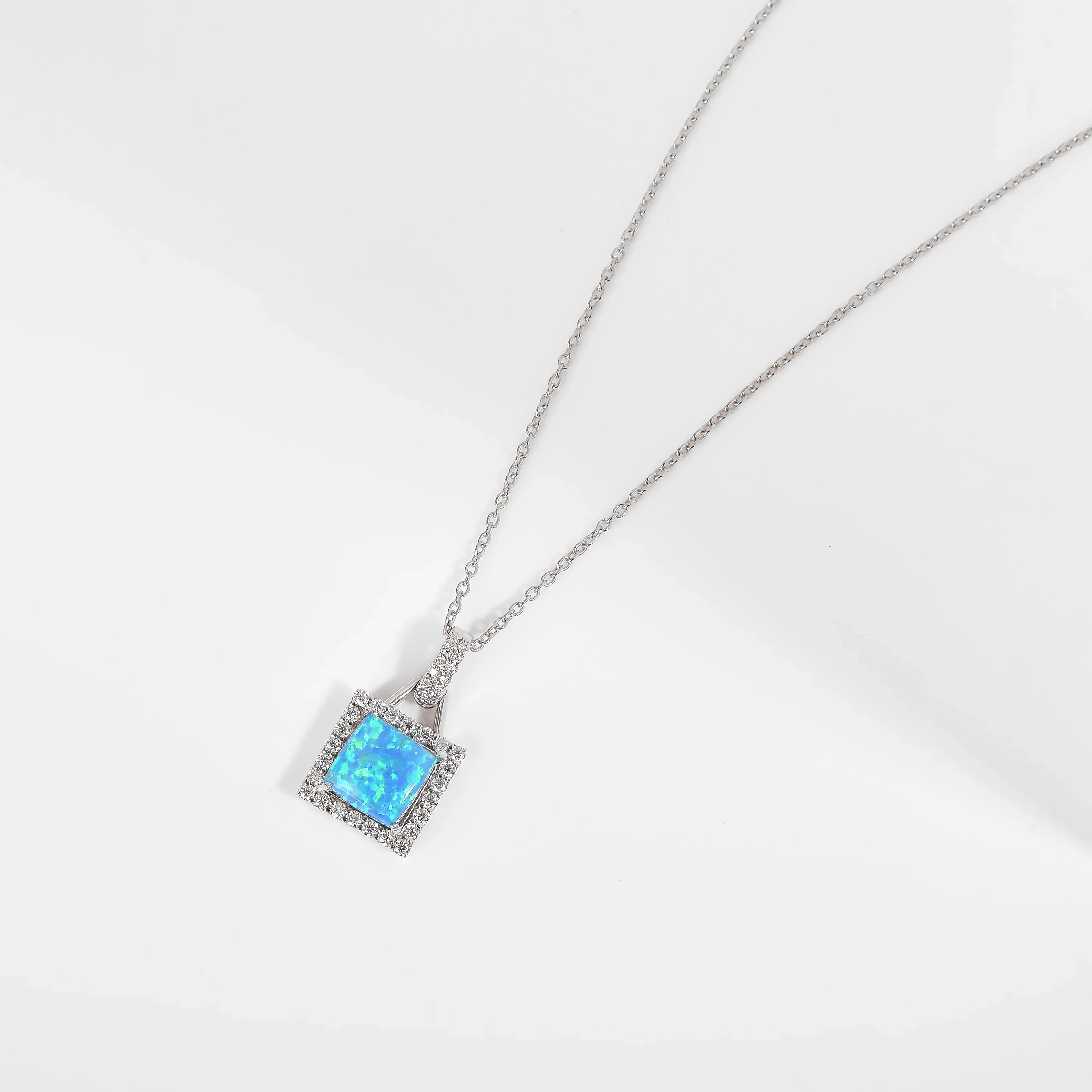 Lab Grown Blue Opal Halo Pendant Necklace