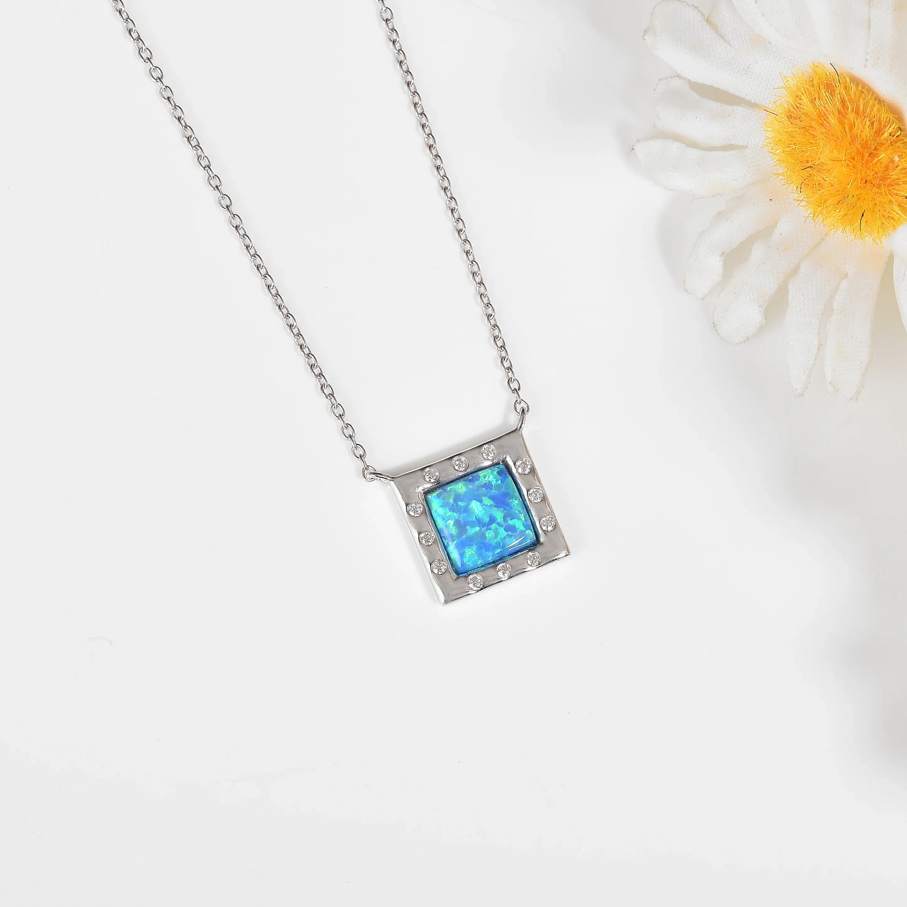Created Blue Opal Sterling Silver Pendant Necklace