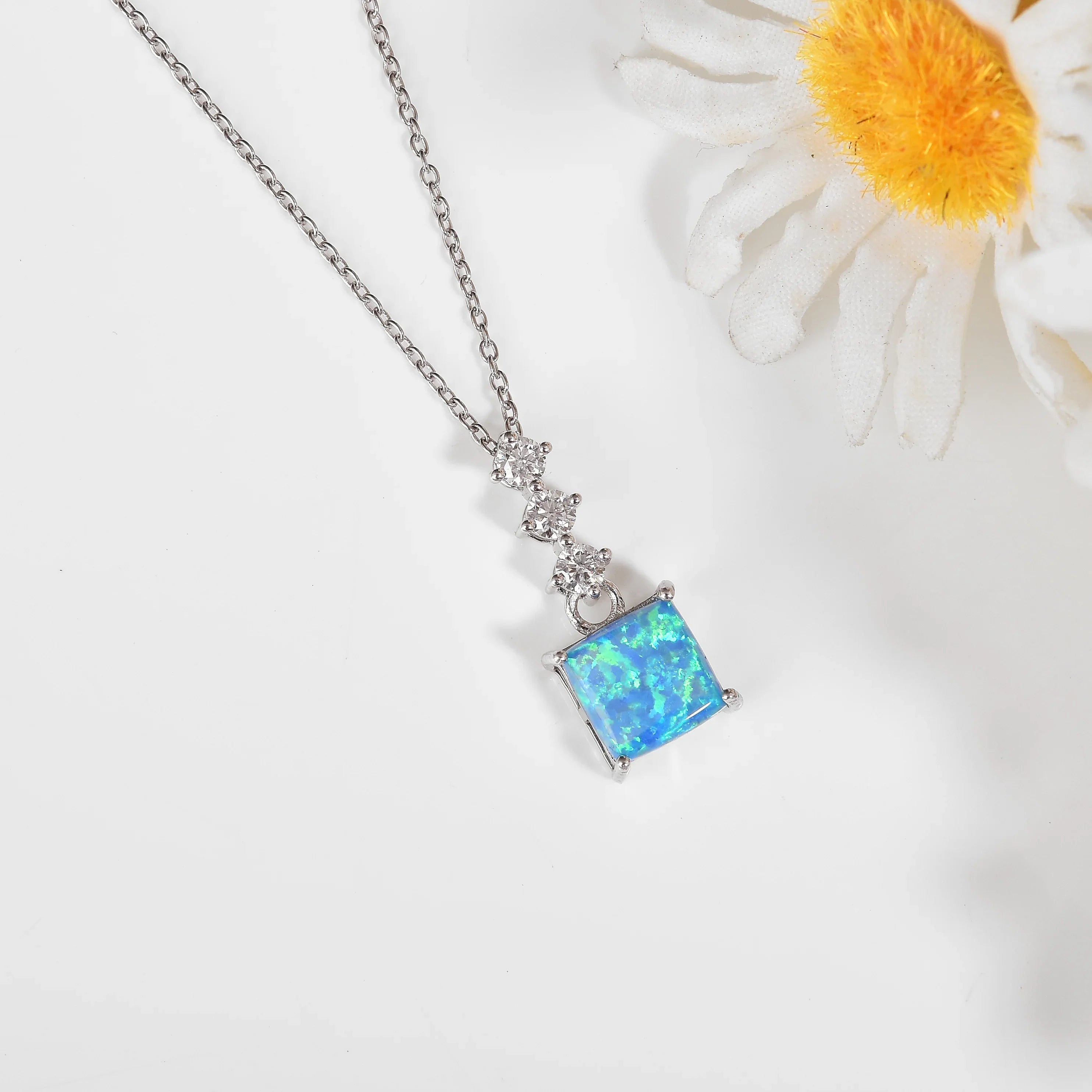Lab Grown Princess Cut Blue Opal Pendant Necklace