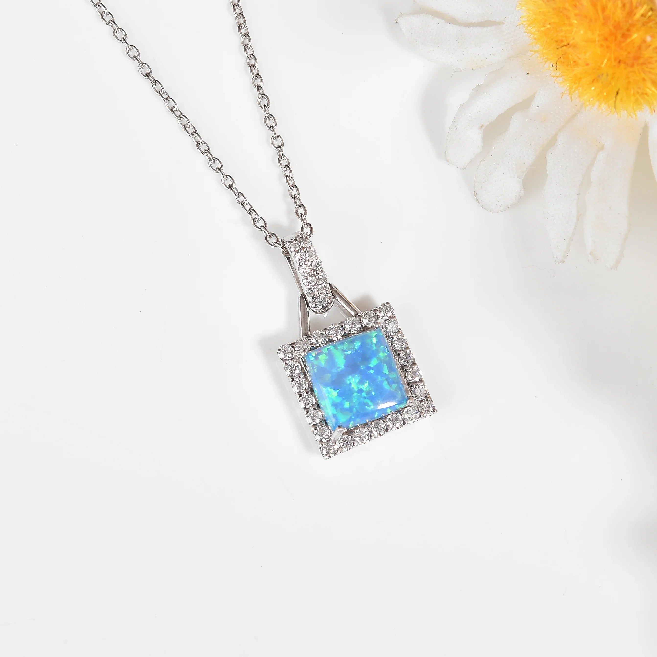 Lab Grown Blue Opal Halo Pendant Necklace