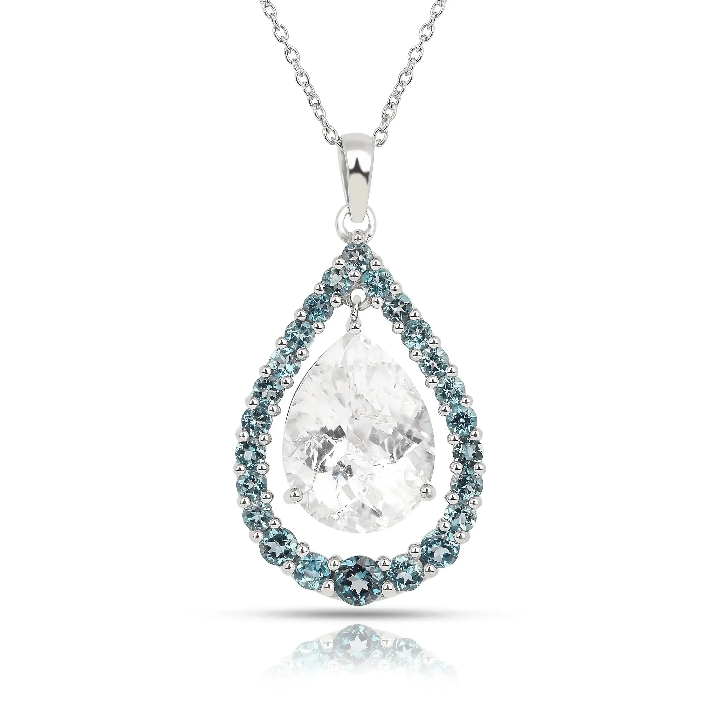 Collar de topacio blanco natural con forma de lágrima y topacio azul
