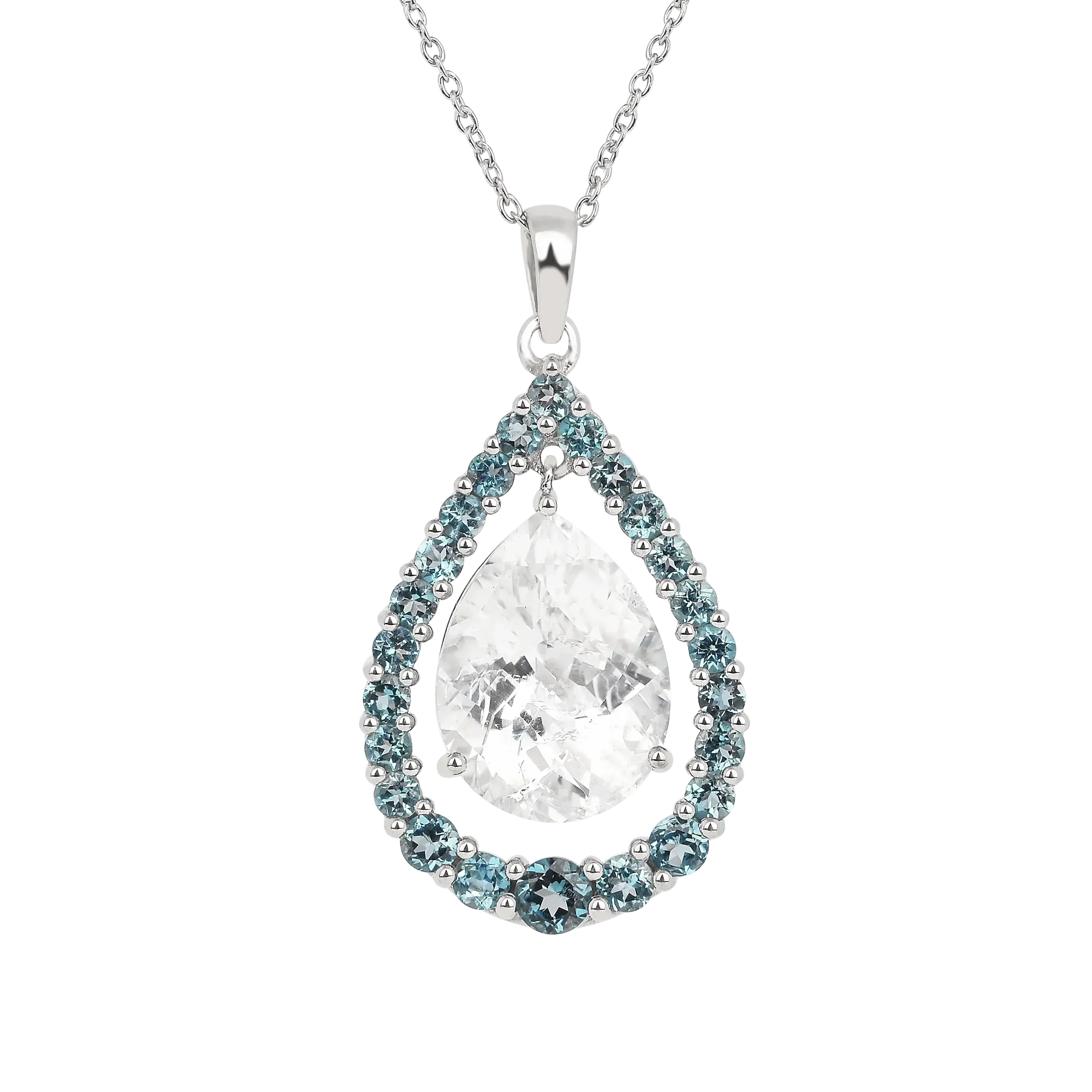 Collar de topacio blanco natural con forma de lágrima y topacio azul