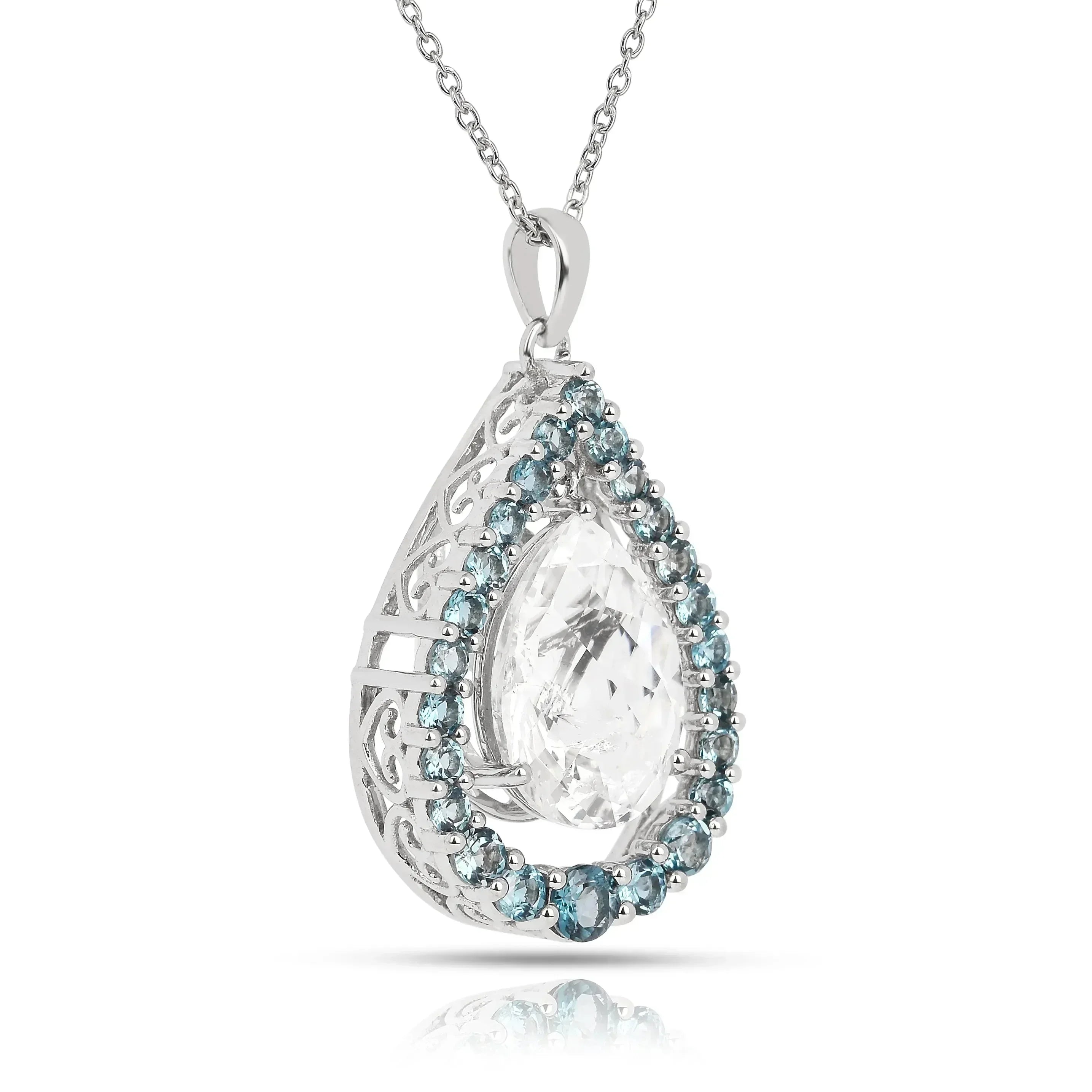 Collar de topacio blanco natural con forma de lágrima y topacio azul