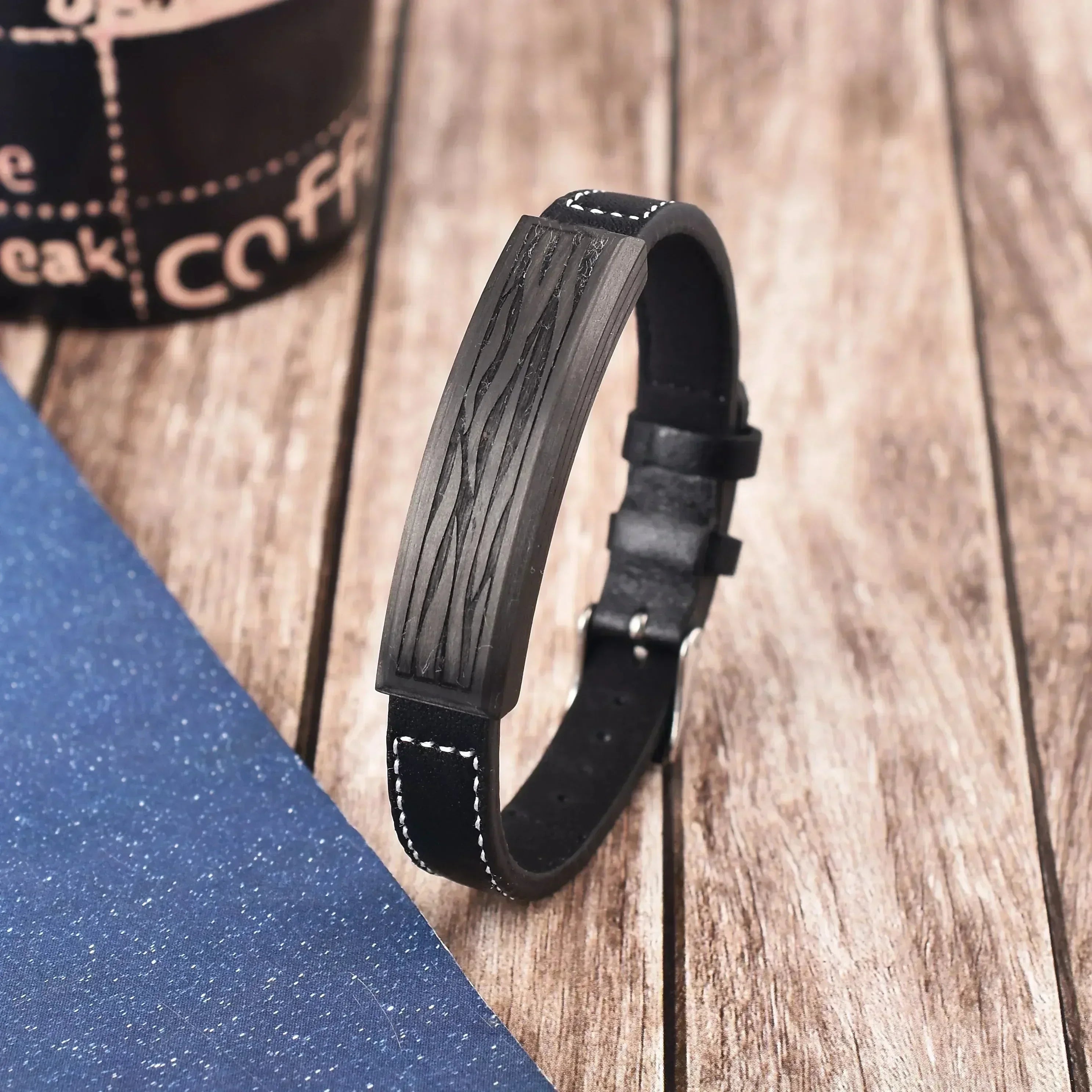 Pulsera de cuero negro auténtico para hombre