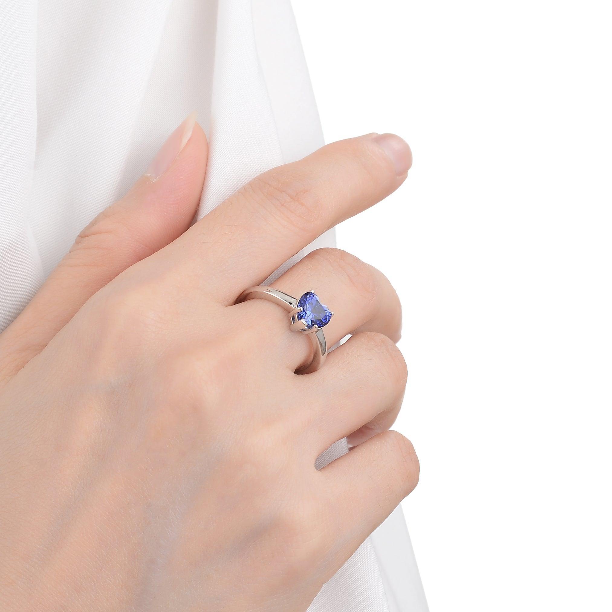 Blue Sapphire Heart Ring Created Blue Diamond Heart Ring - FineColorJewels