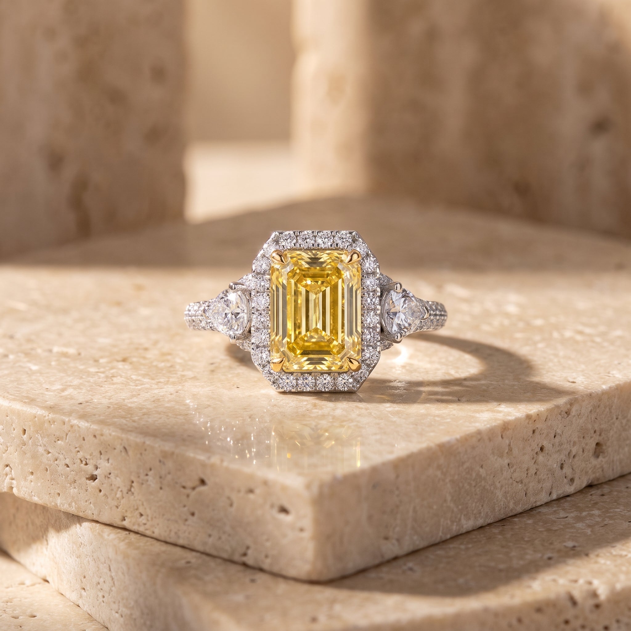 3Cttw Radiant Shaped Yellow Lab Grown Diamond (F/VS) Accented Three Stone Engagement Ring 14K Gold