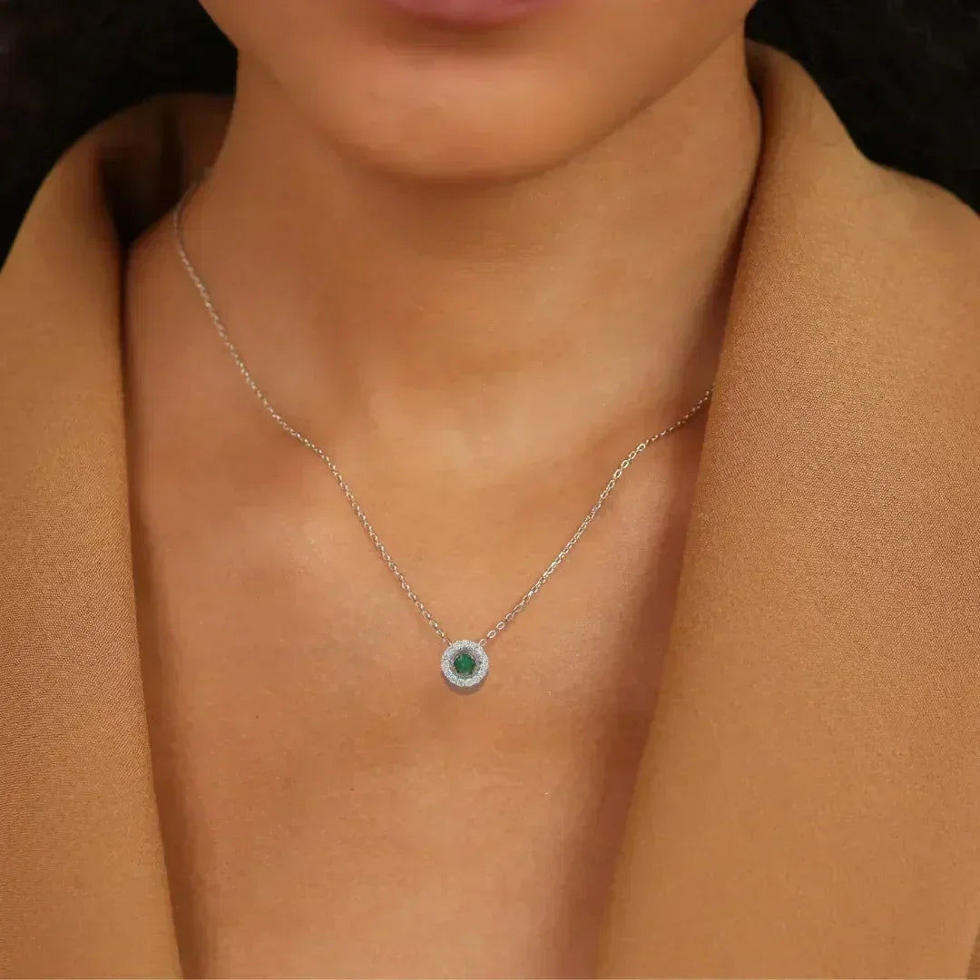Natural Emerald Dancing Stone Halo Necklace