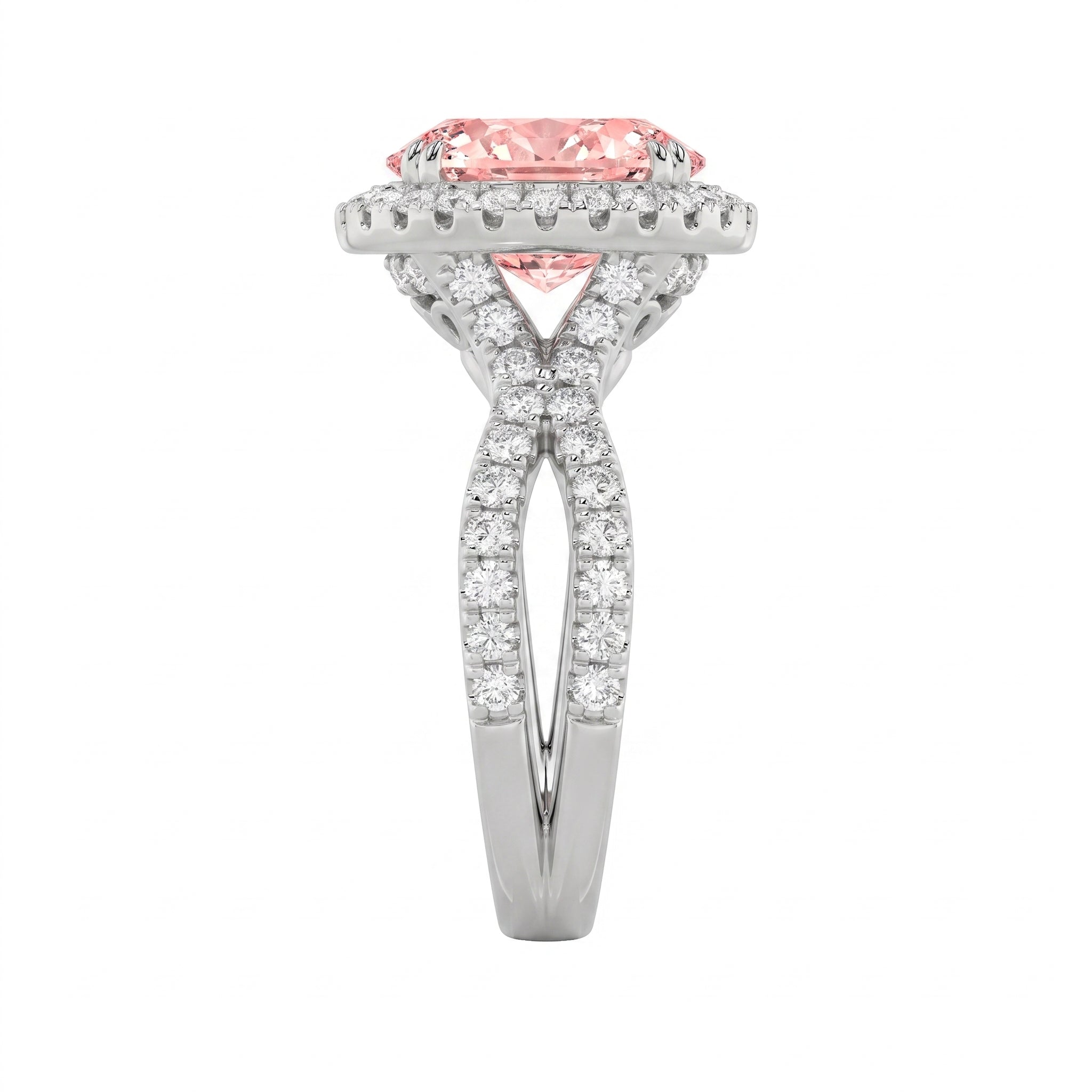 4Cttw Oval Shaped Pink Lab Grown Diamond (F/VS) Split Shank Halo Engagement Ring 14K Gold