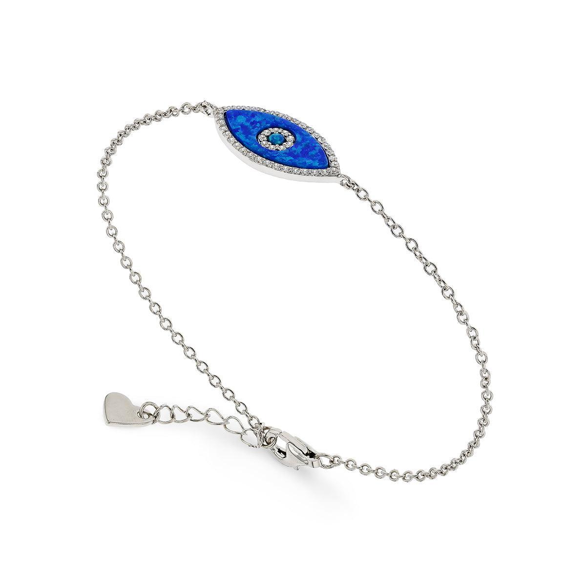 Lab Grown Fancy Cut Blue Opal Evil Eye Bracelet with Cubic Zirconia Accents Rhodium Plated Sterling Silver Adjustable Chain Gift for Her - FineColorJewels