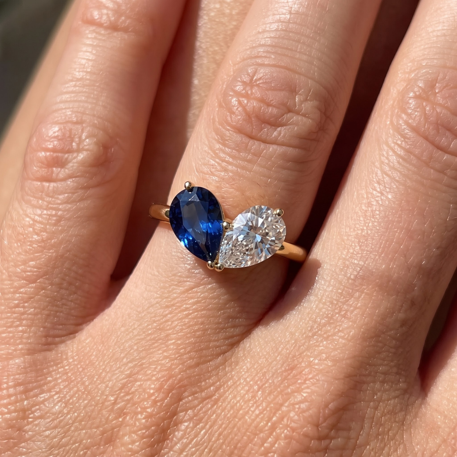 Toi et Moi Pear Shaped Emerald, Ruby, Sapphire and Lab Grown Diamond 14K Yellow Gold Two stone Ring